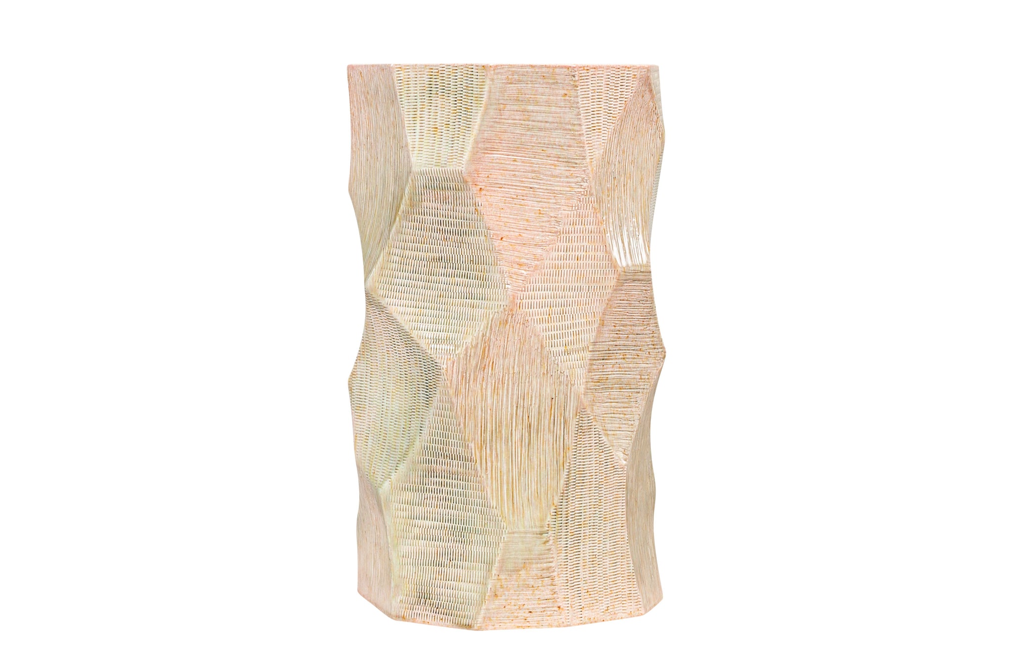 Decoratieve abstracte vaas van aardewerk met zachte tinten.