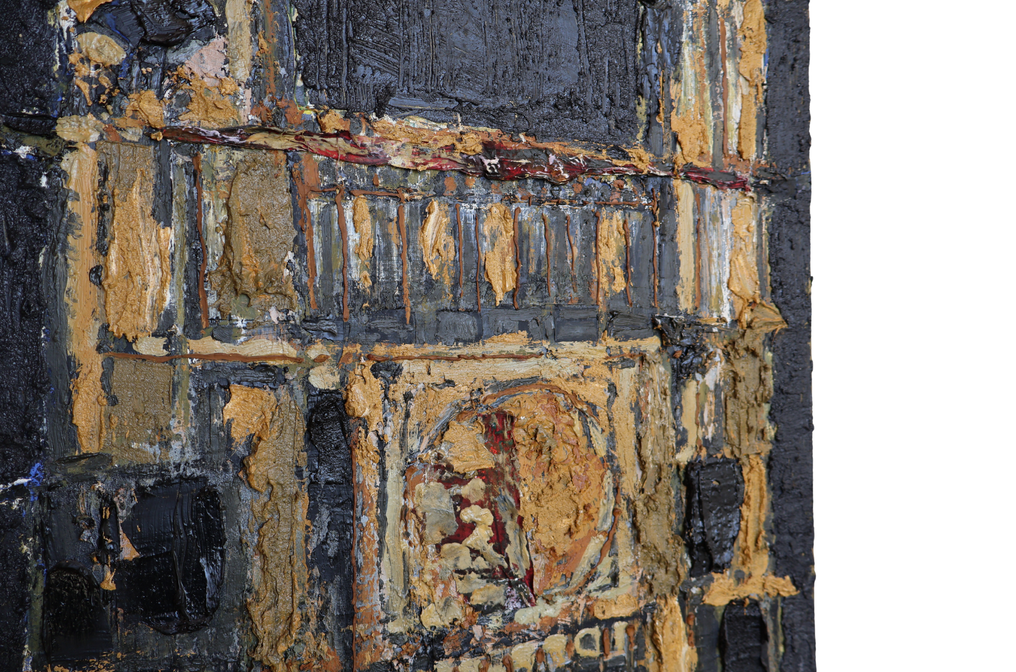 Monumentaal abstract kunstwerk op doek van Gerard van Iersel. Reliëfstructuur, aardetinten en expressieve verfopbouw. Uniek vintage werk.