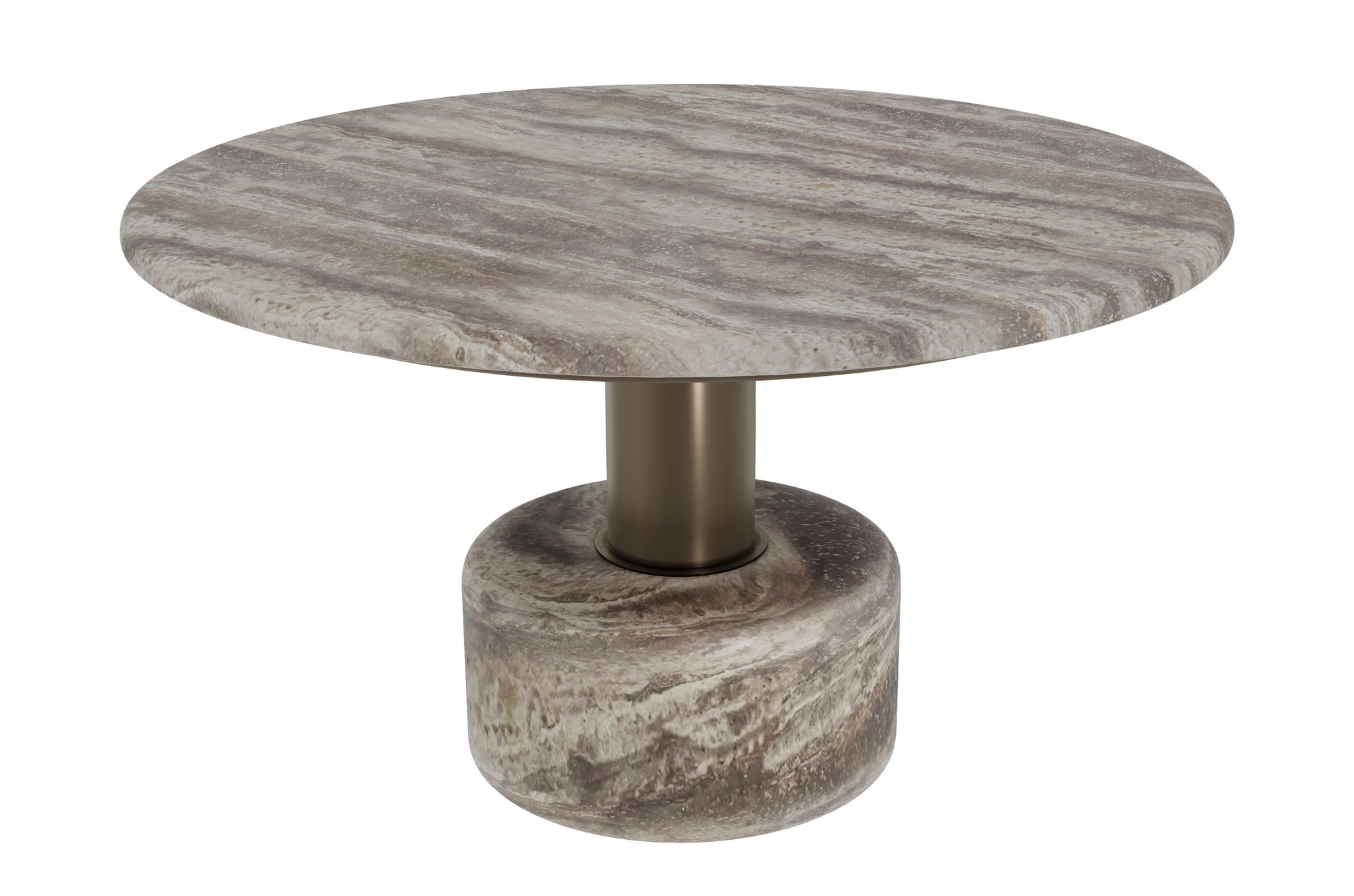 Ronde travertijn salontafel met geborsteld bronzen kolom