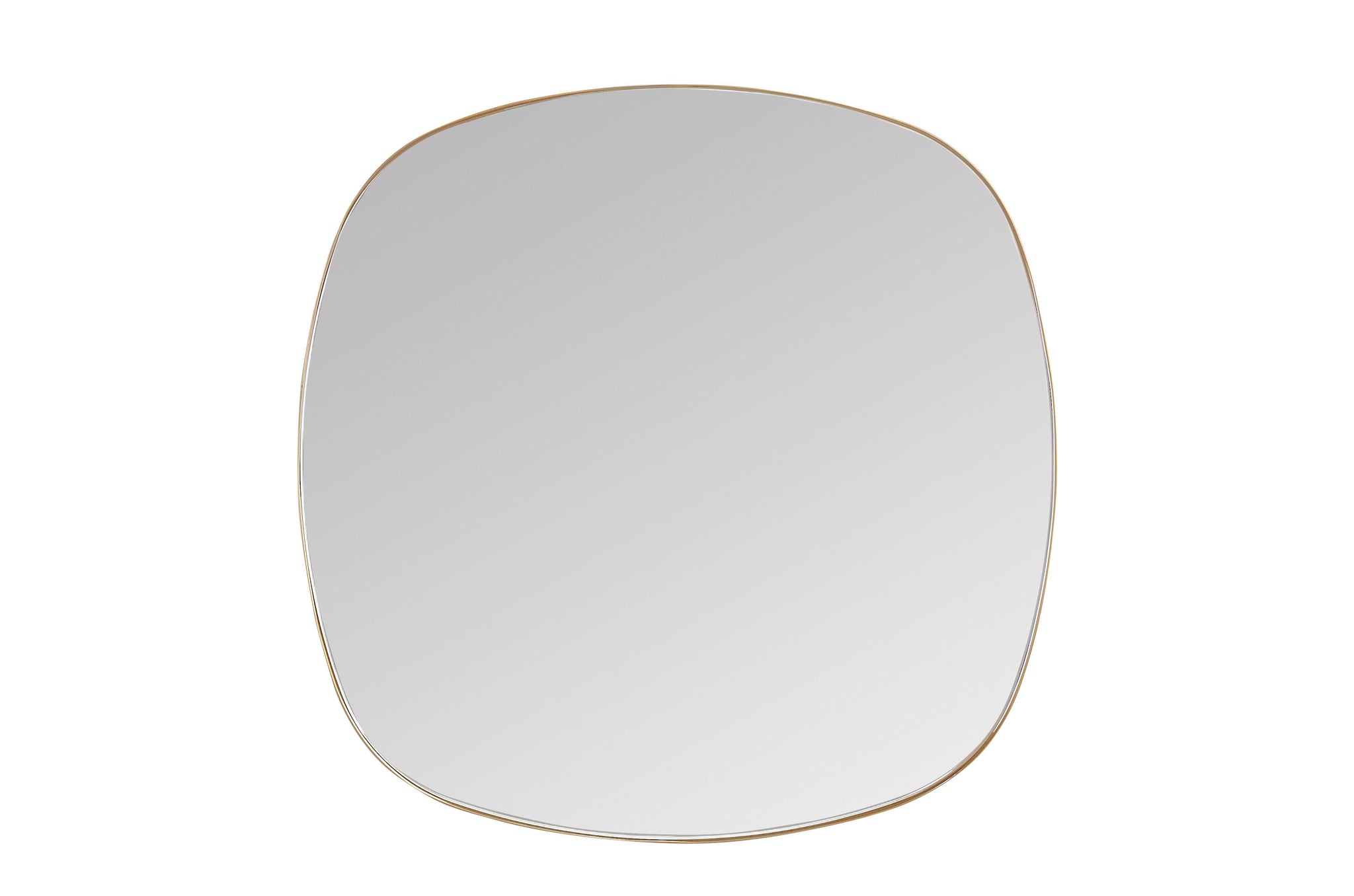 Organisch gevormde wandspiegel met slank messing frame in brushed gold.