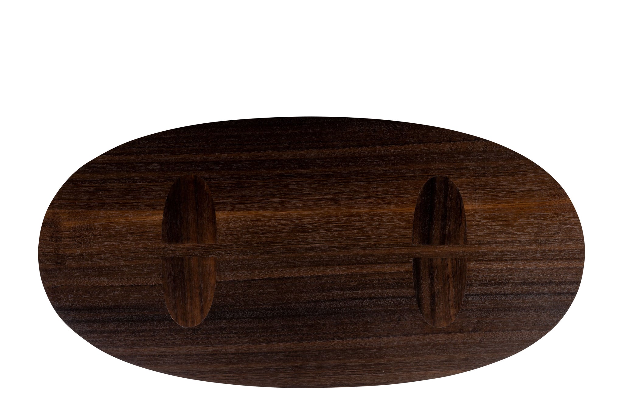 Salontafel van smoked eucalyptus hout met ovale vorm en stevige basis