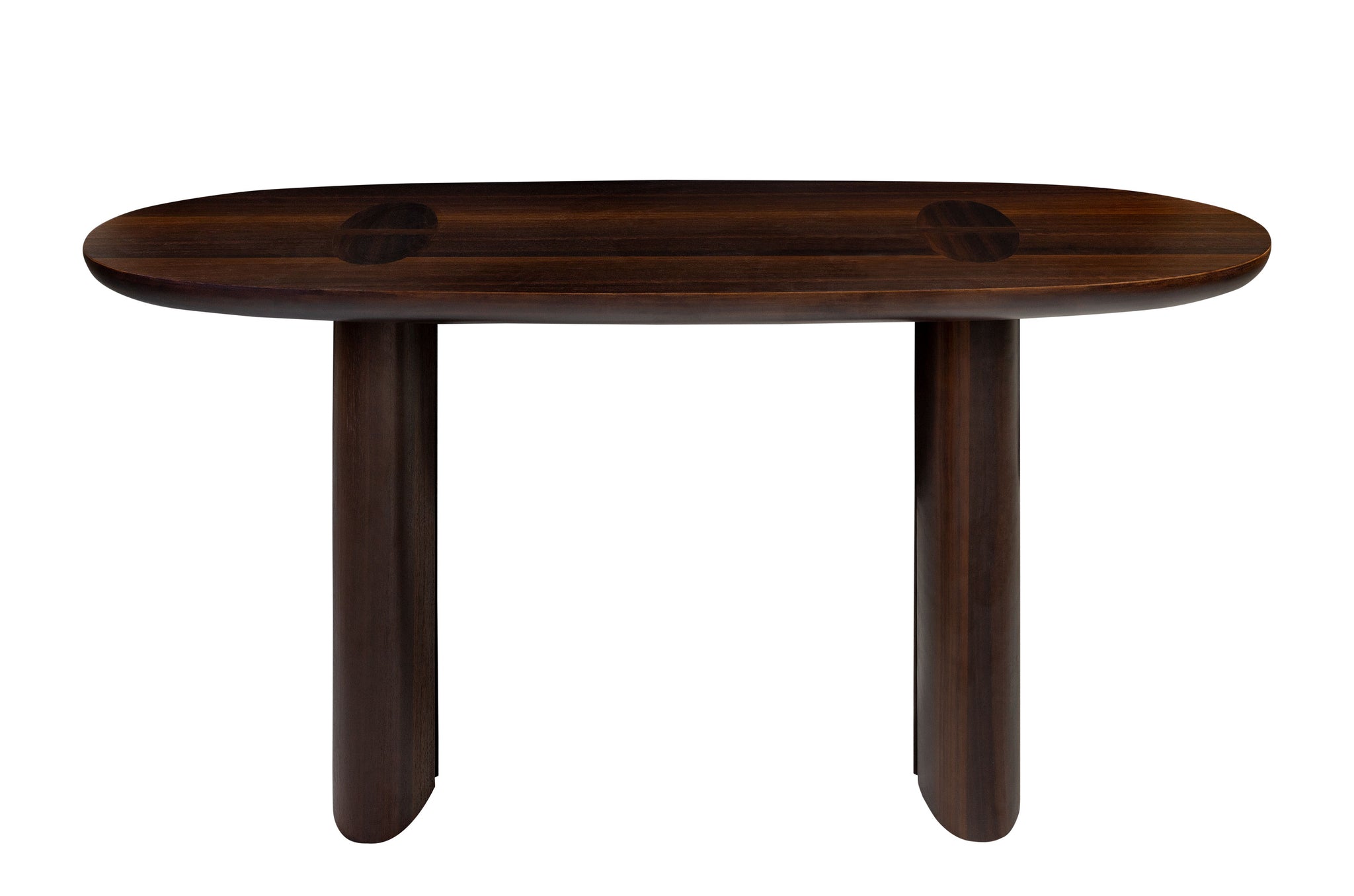 Consoletafel Durban van Versmissen in gerookt eucalyptusfineer met ronde poten en warme houtkleur