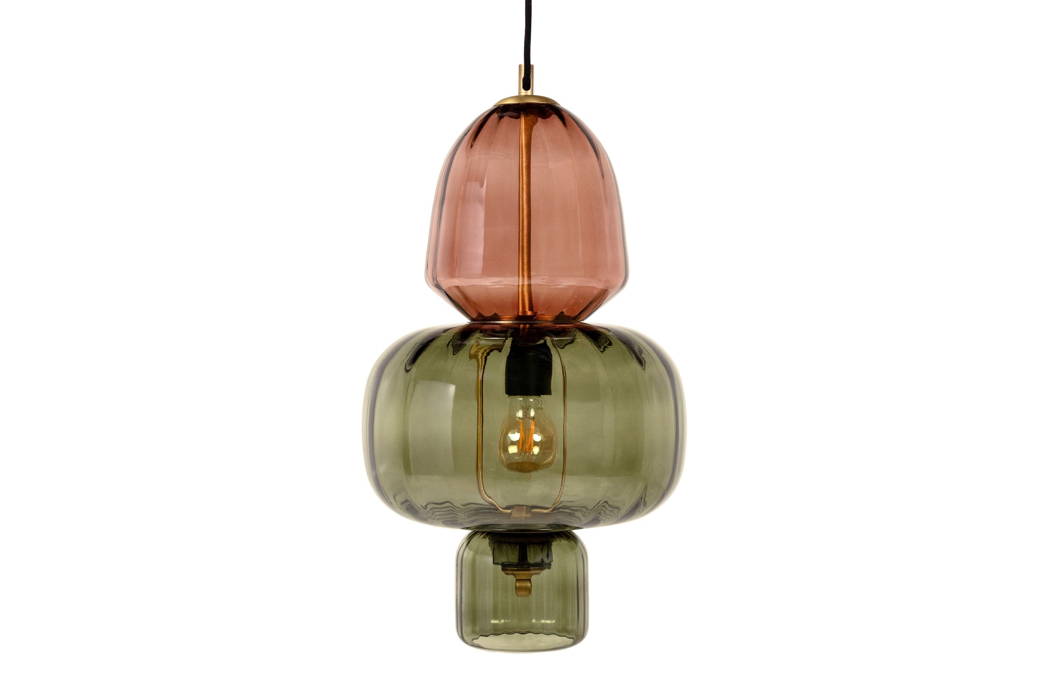Hanglamp Elise van Versmissen met glas in groen en rood en messing accenten
