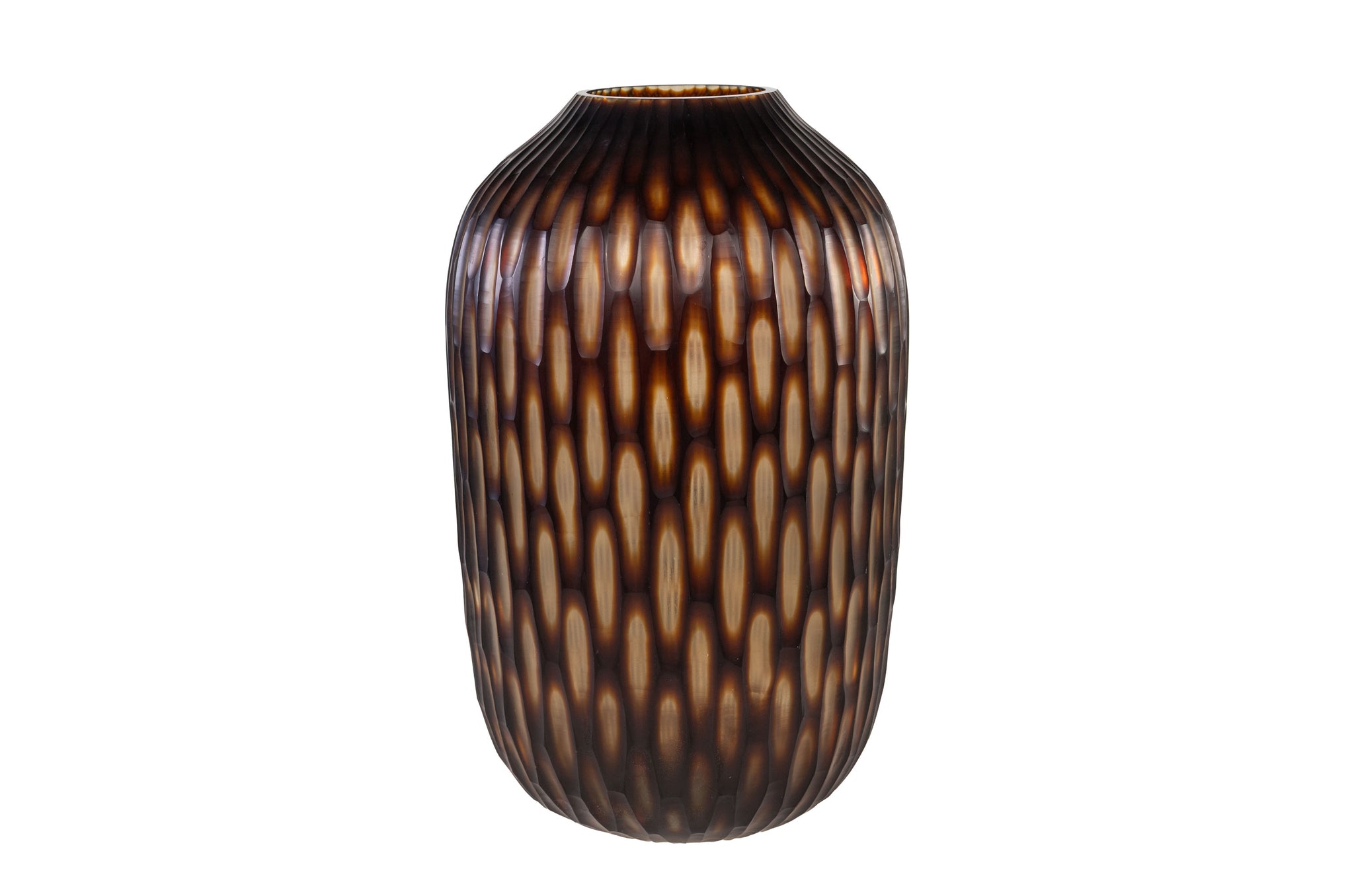 Handgemaakte glazen vaas met warm bruin–crème patroon