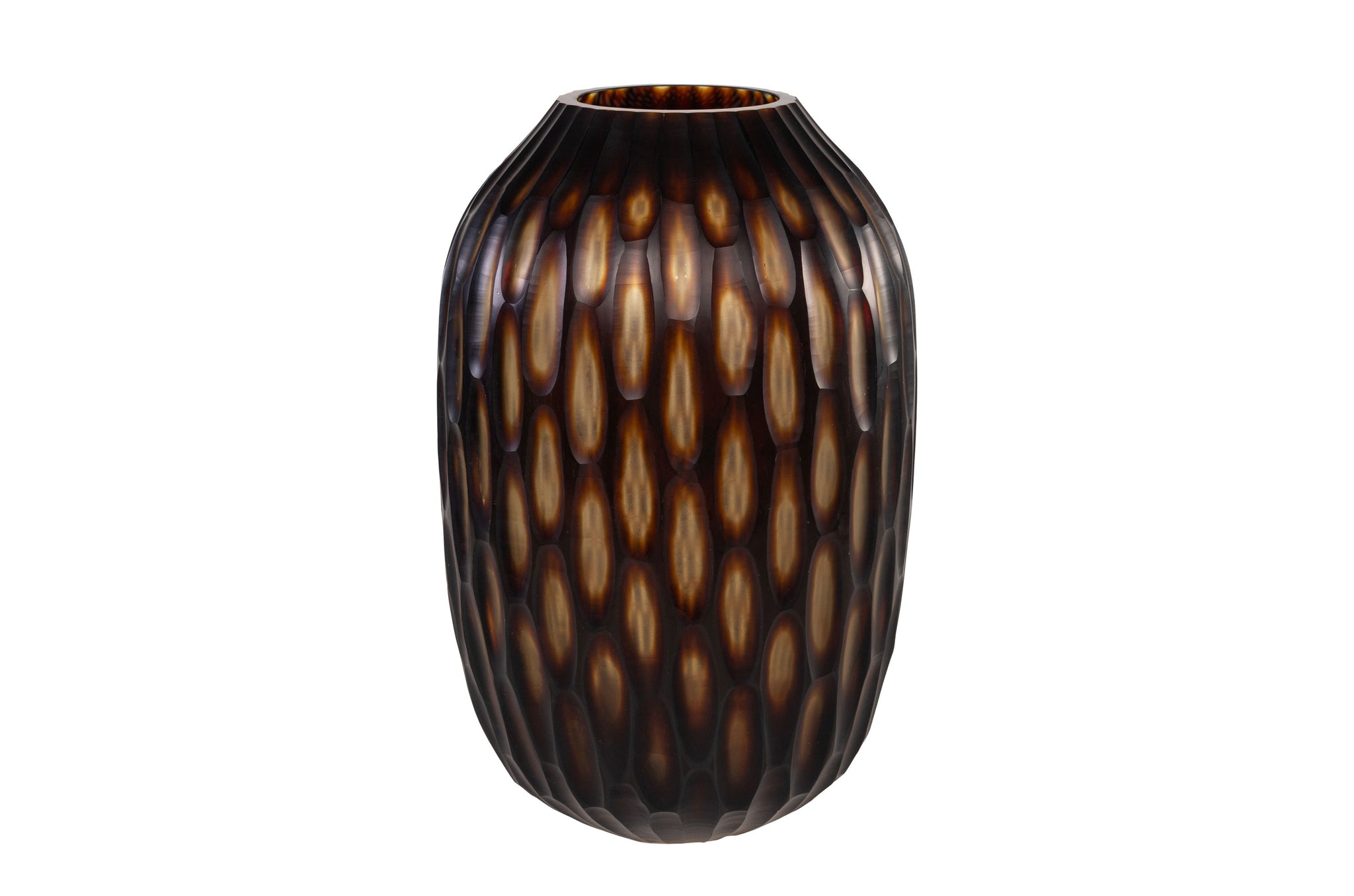 Handgemaakte glazen vaas met warm bruin–crème patroon
