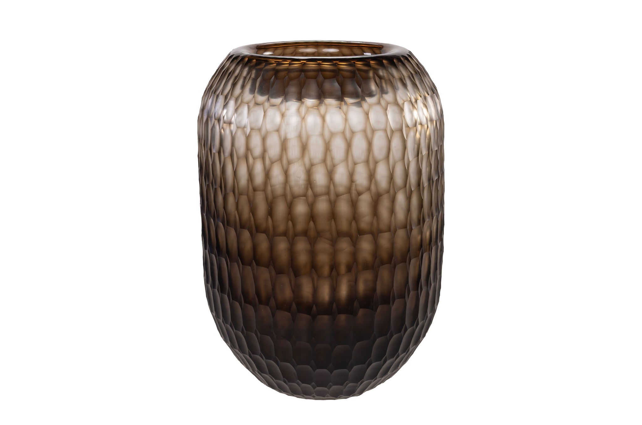 Mondgeblazen rookbruine glazen vaas met gehamerde structuur