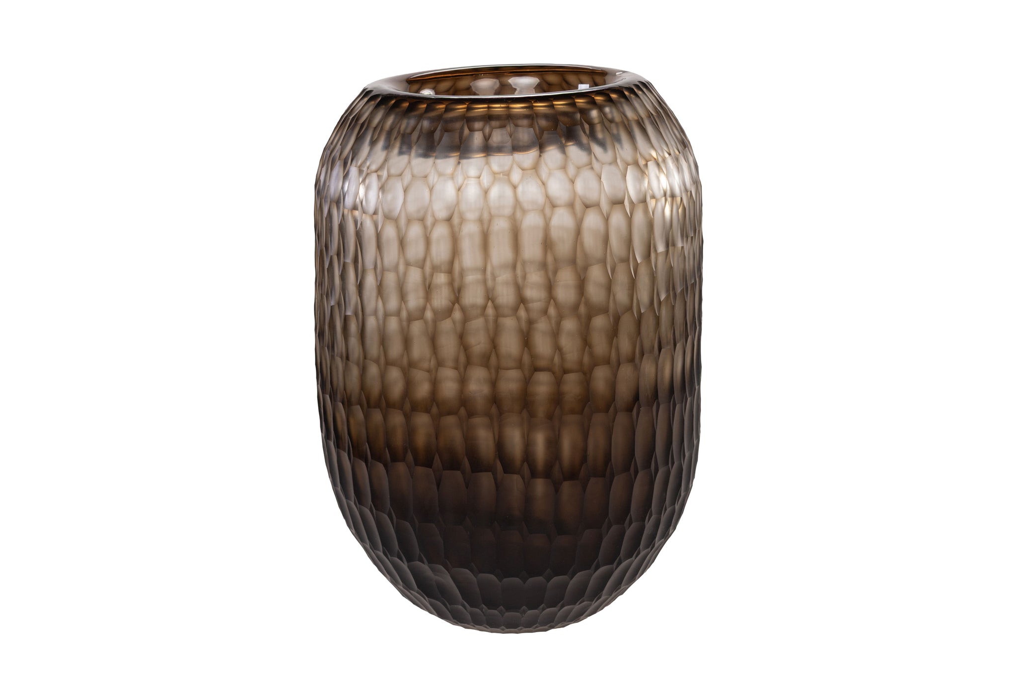 Ambachtelijke glazen vaas met organische textuur en warme bruine tinten