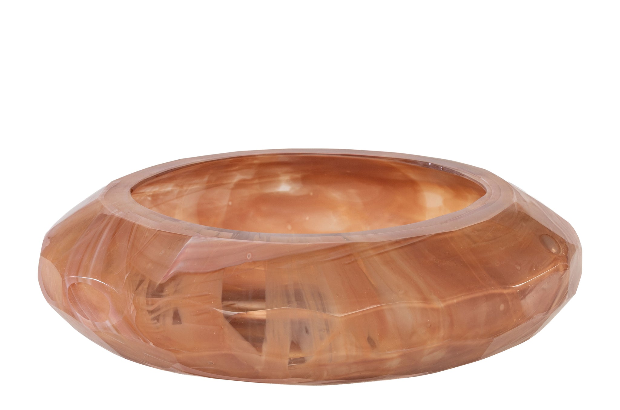 Handgemaakte glazen schaal in warme amber- en perziktinten met gemarmerde afwerking, mondgeblazen en uniek in vorm en kleur.