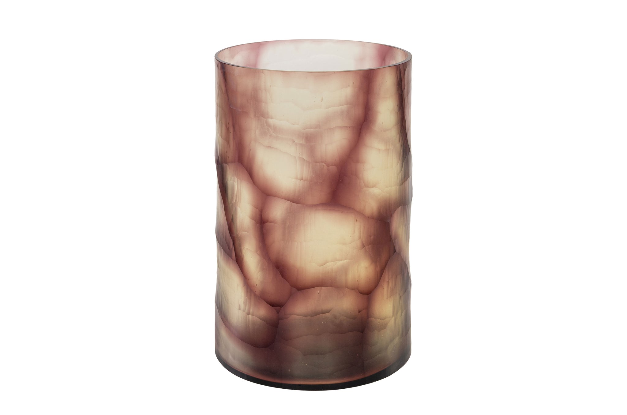 Handgemaakte paarse glasvaas met organische patronen en zachte, transparante tinten in een tijdloze cilindervorm.