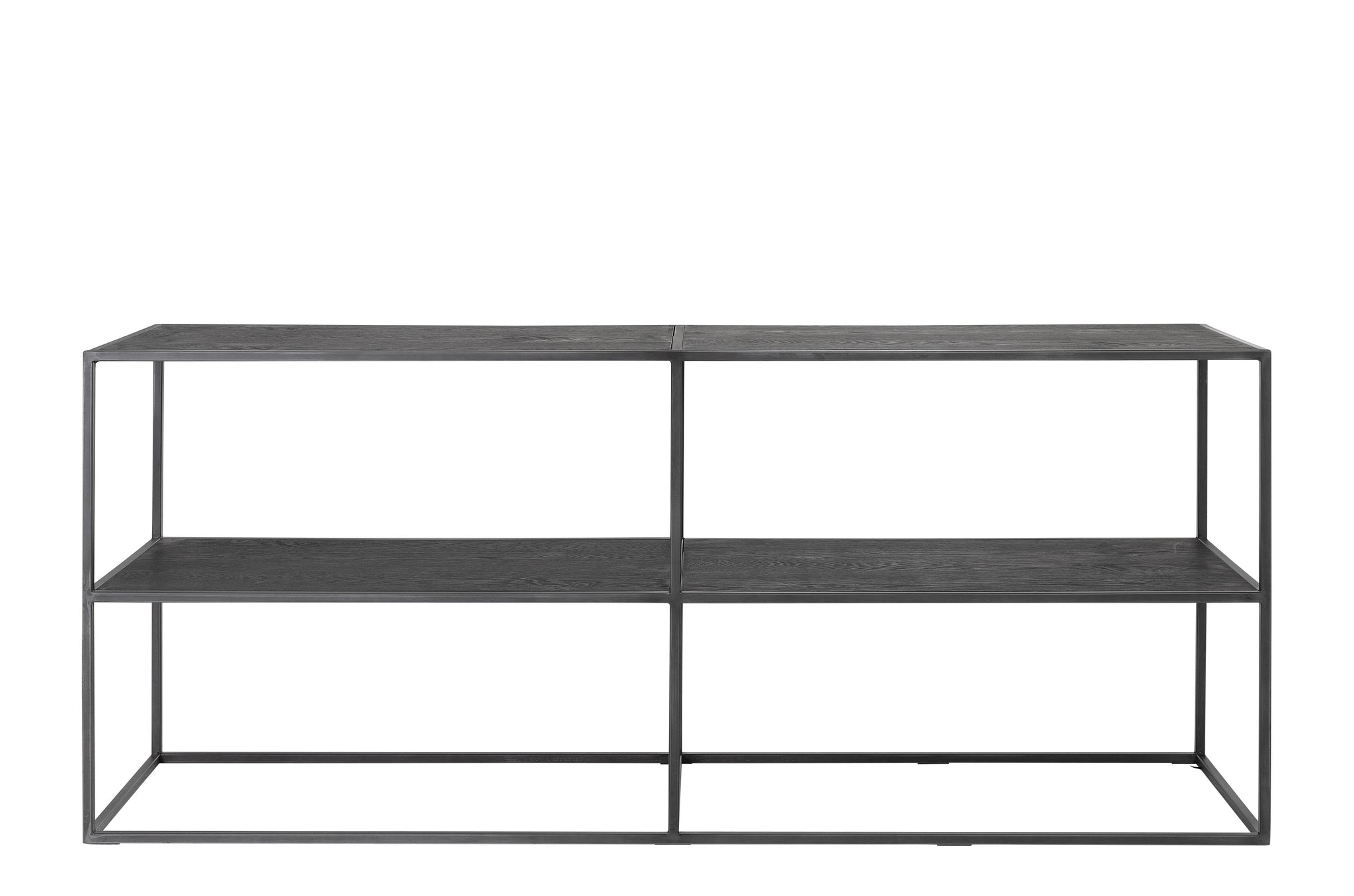 Wandrek Illusion van Versmissen – stalen frame met eikenfineer planken in natural dark finish, elegant open designrek.