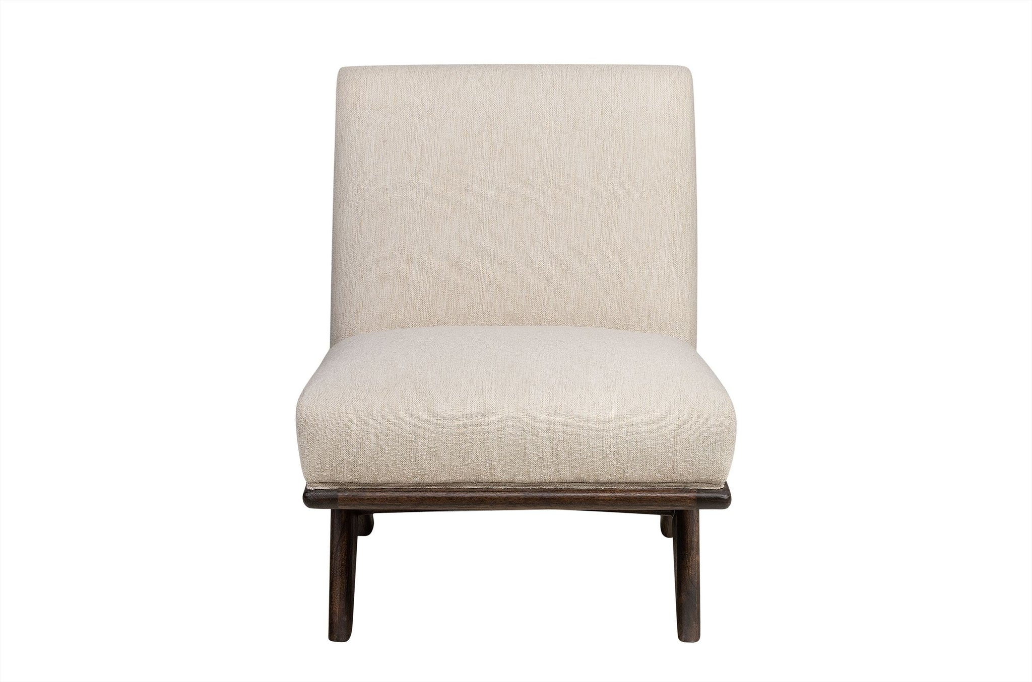 Moderne loungestoel Isoko met lichte bekleding en donker houten frame