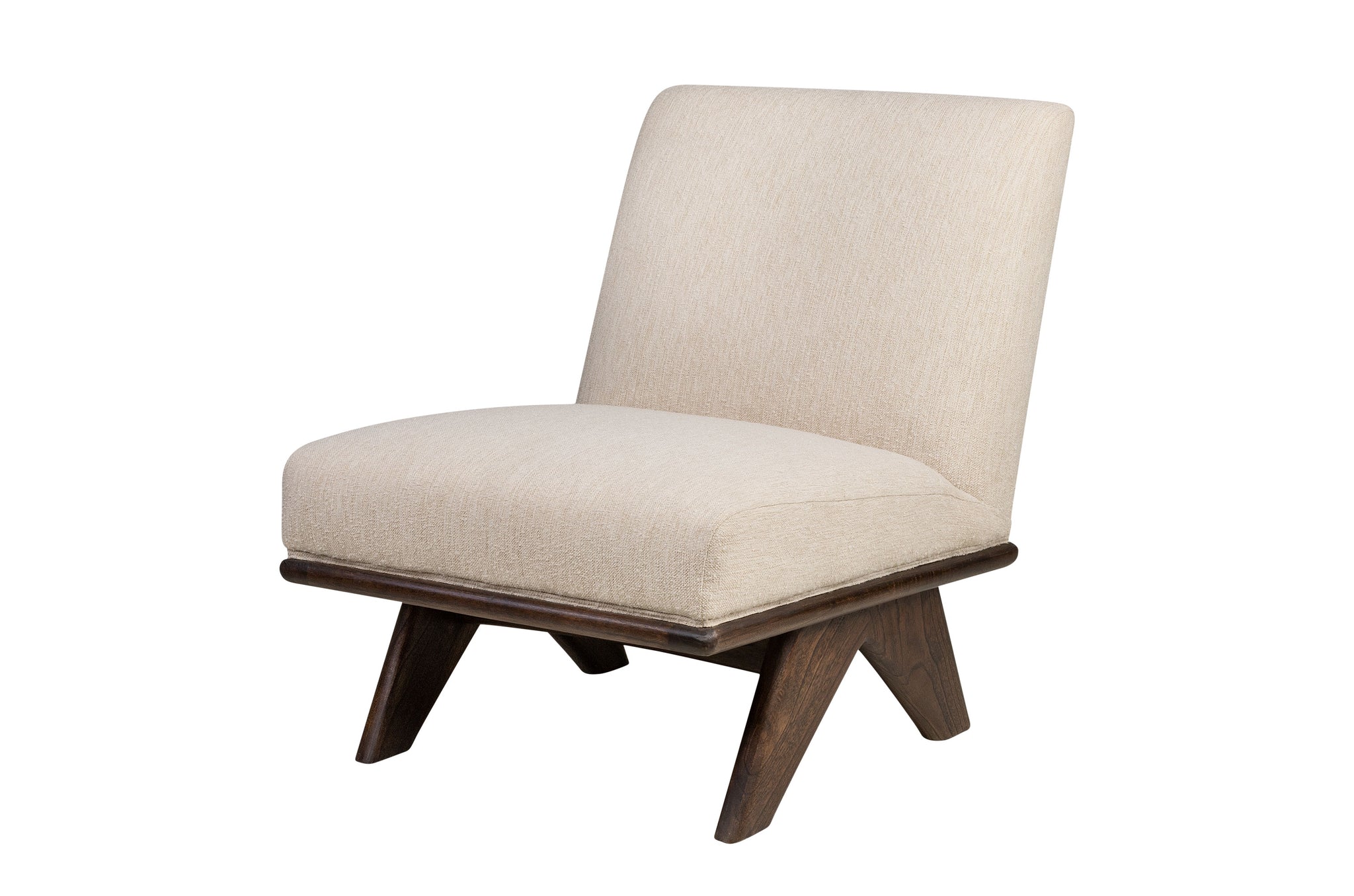 Zachte Sesam fauteuil met lage zitting en minimalistisch Mindi-houten onderstel