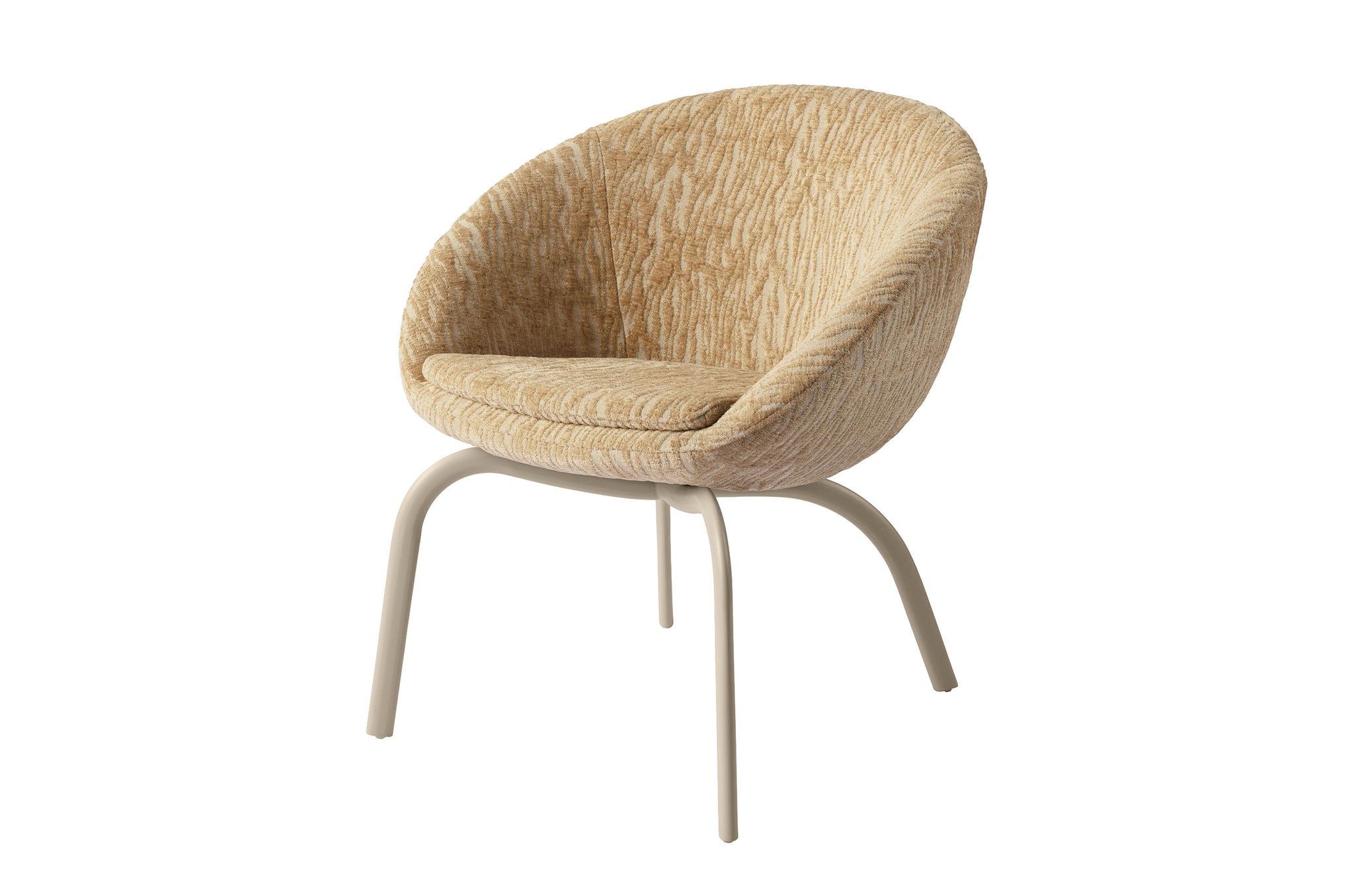 Eetkamerstoel Joe met Mura-stof en beige metalen onderstel.