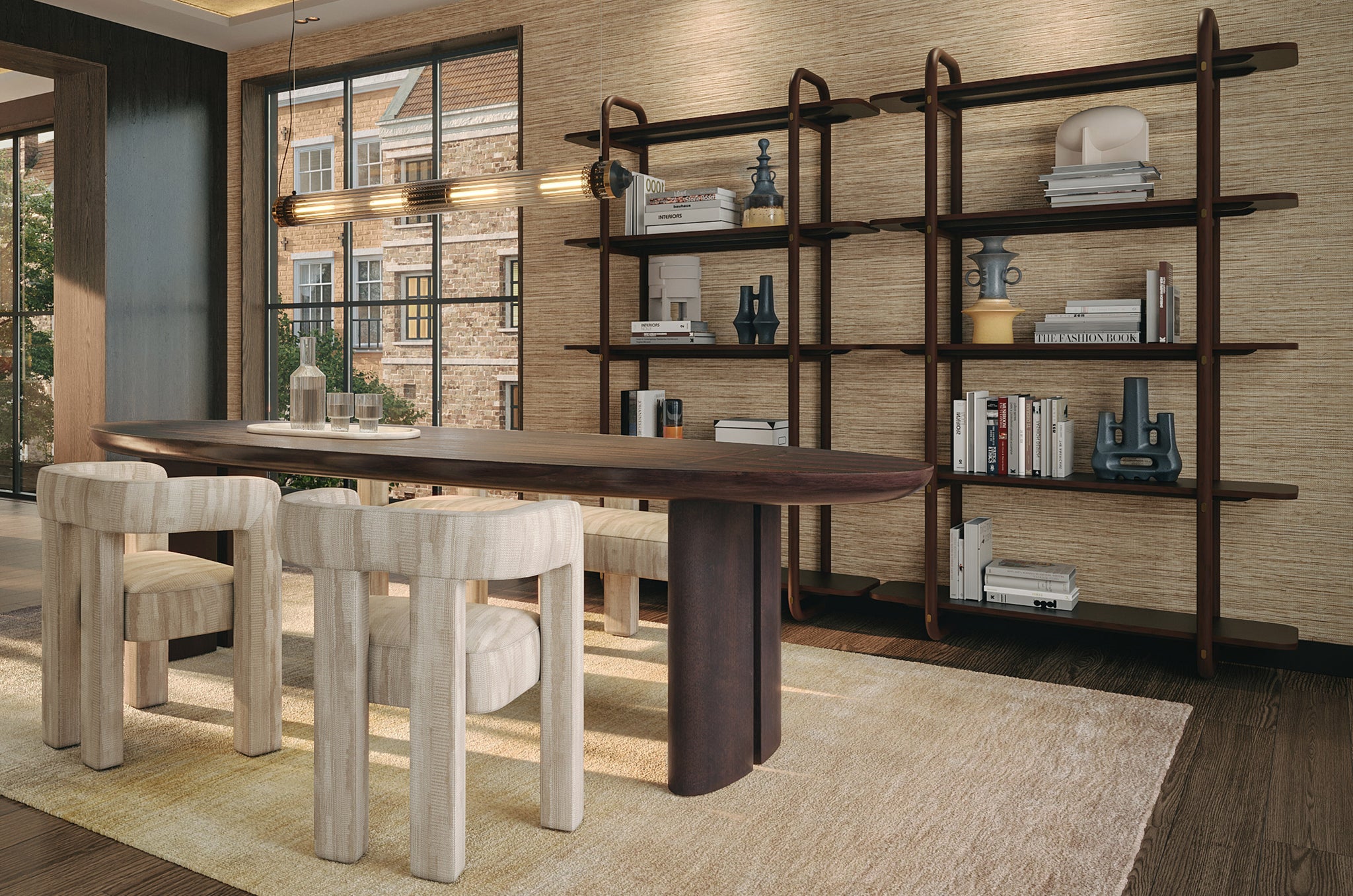 Modern vrijstaand wandrek Khami L met open vormgeving – natuurlijk mahoniehout in Light Roasted Coffee.