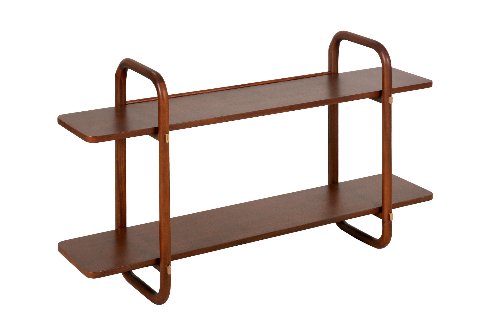 Wandrek Khami L van mahoniehout in Light Roasted Coffee finish – groot design wandrek met verfijnde, afgeronde vormen.