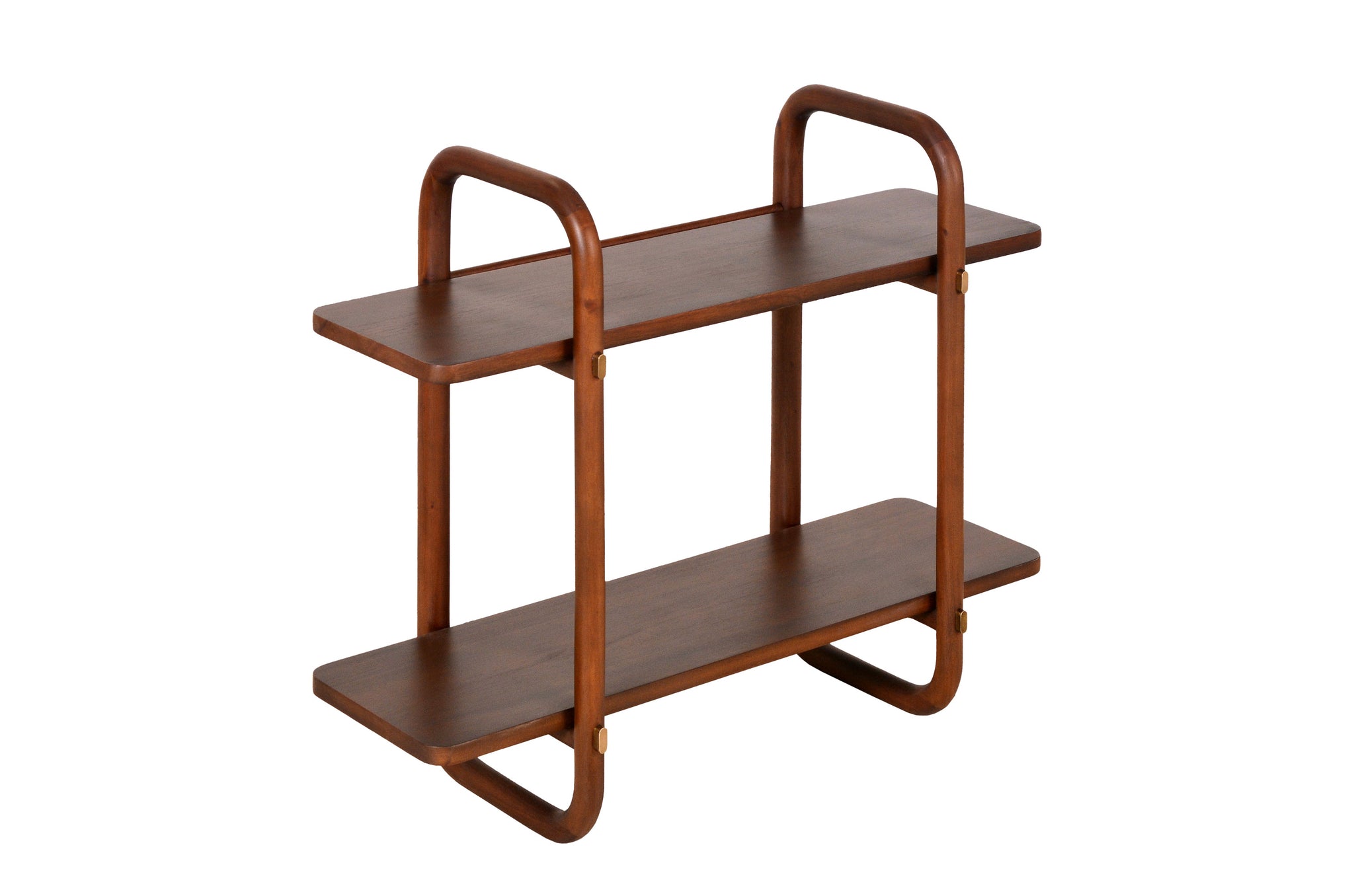 Wandrek Khami M van mahoniehout in Light Roasted Coffee afwerking – verfijnd designrek met afgeronde lijnen en open vormgeving.