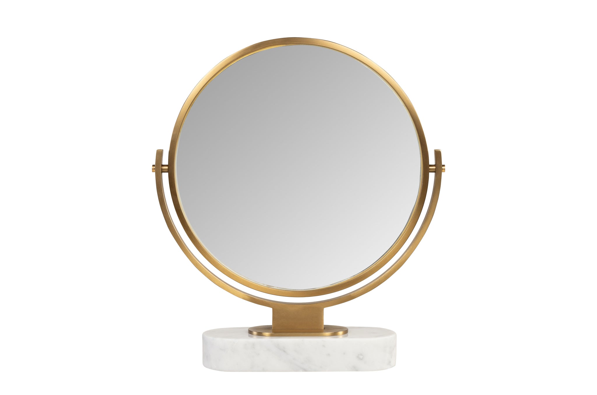 Tafelspiegel Leila met geborsteld goud frame en witte marmeren voet.