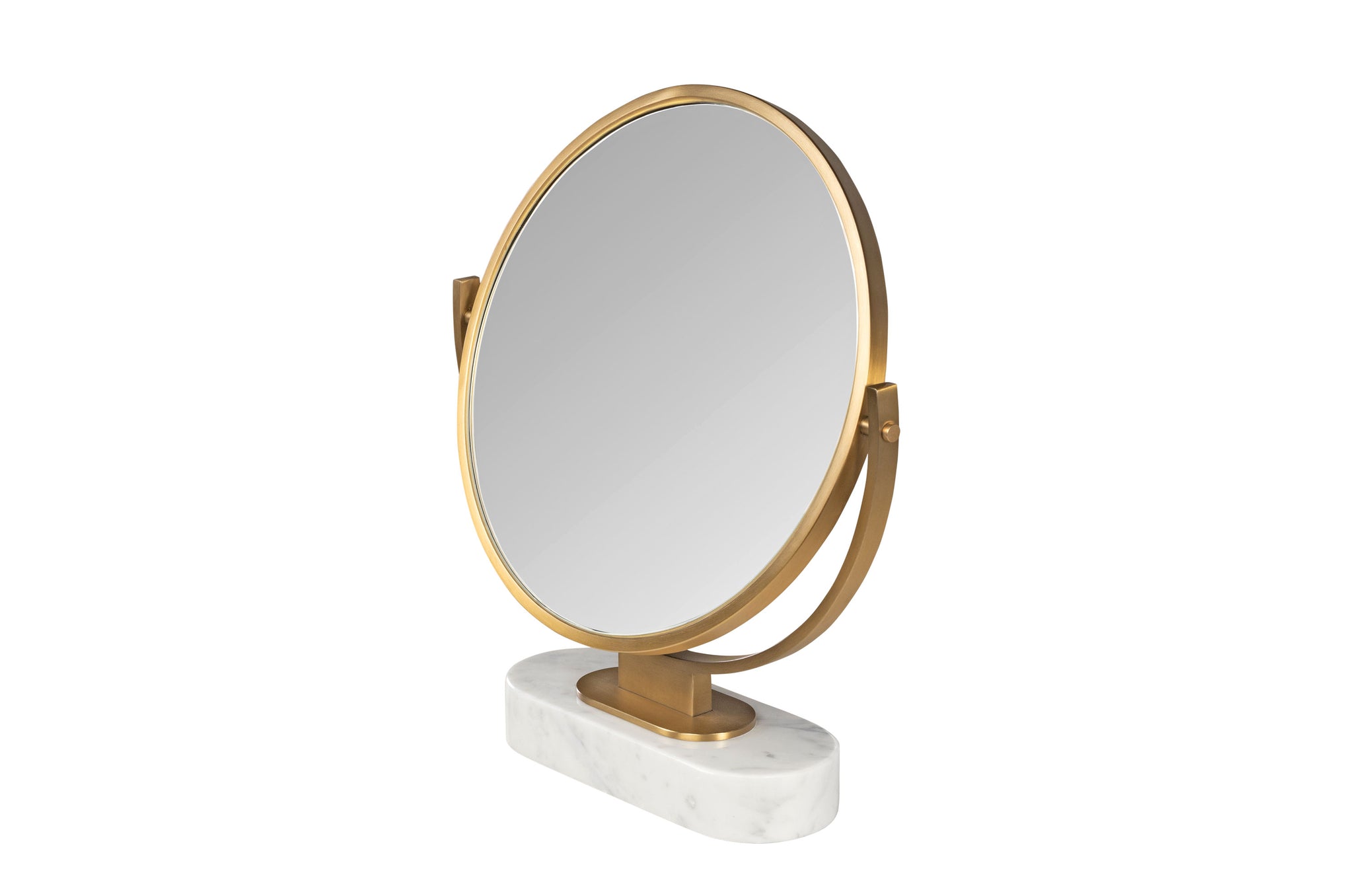 Elegante goudkleurige make-up spiegel op marmeren basis.