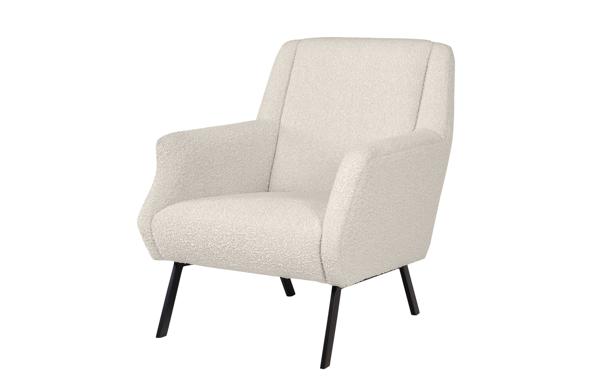 Comfortabele fauteuil met ronde vormen en zwarte stalen poten