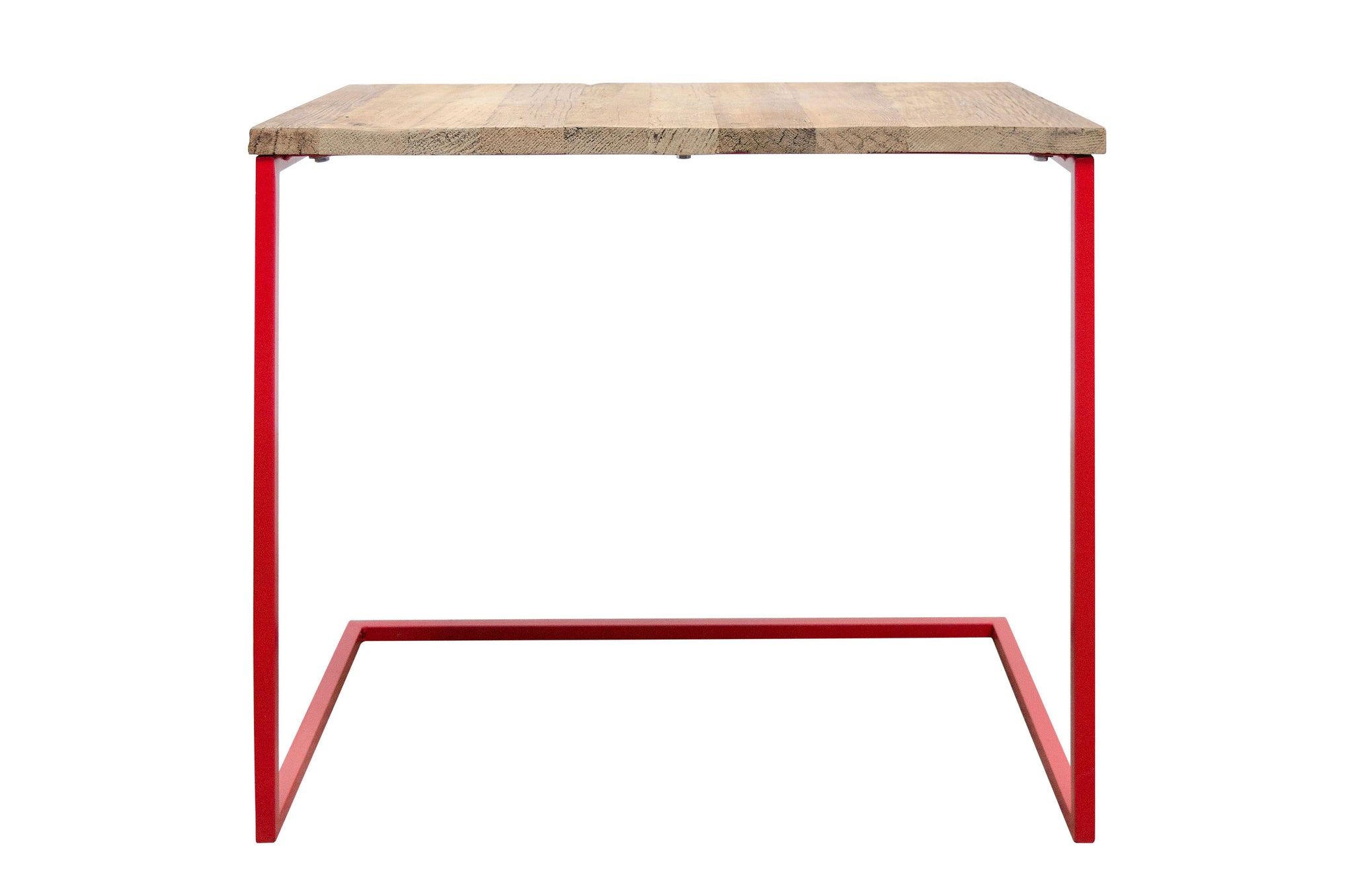 Banktafel met rood stalen frame en onbehandeld houten blad – inclusief Natural Woodsealer®.