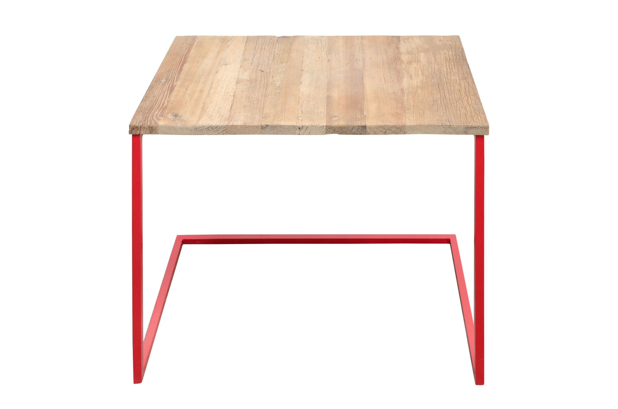 Design banktafel rood frame – gerecycled hout met natuurlijke afwerking.