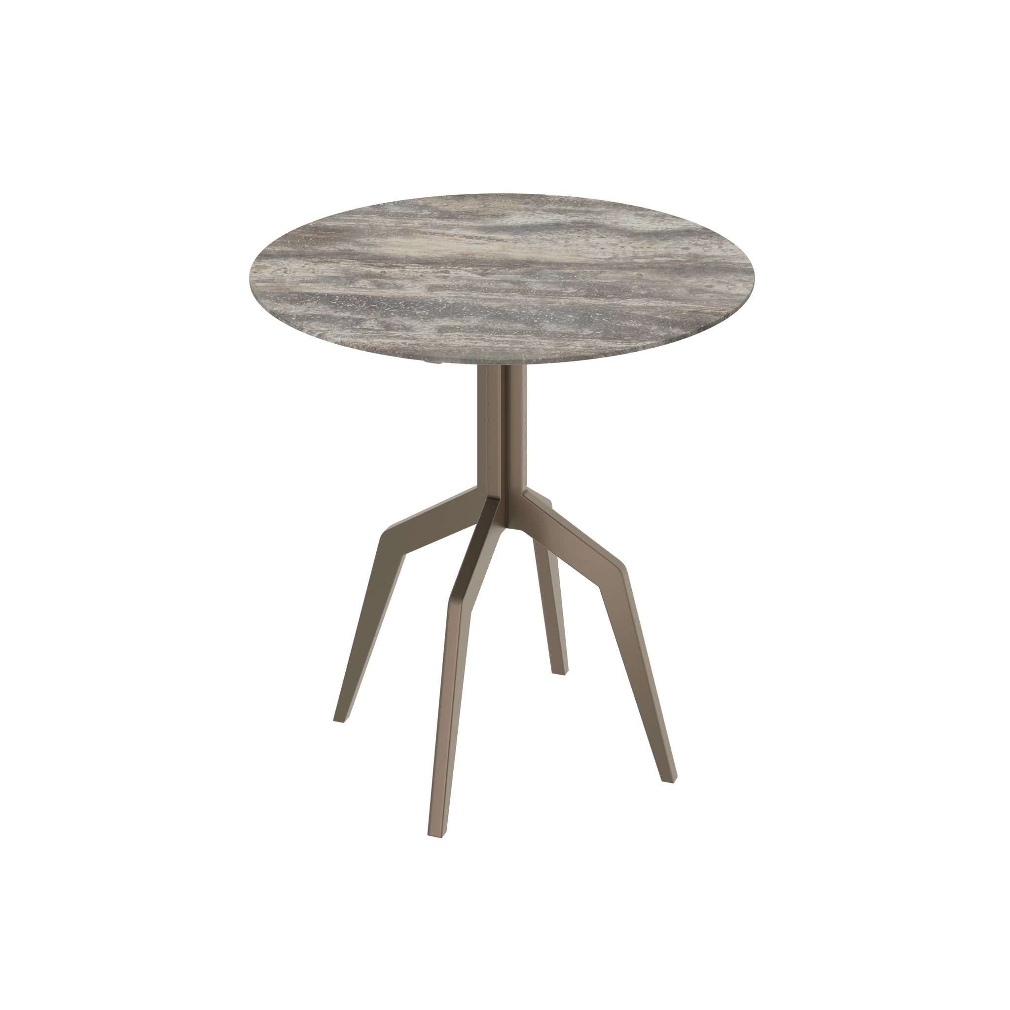 Eettafel Razor Small met grijs travertijn blad en metalen onderstel in bronstint