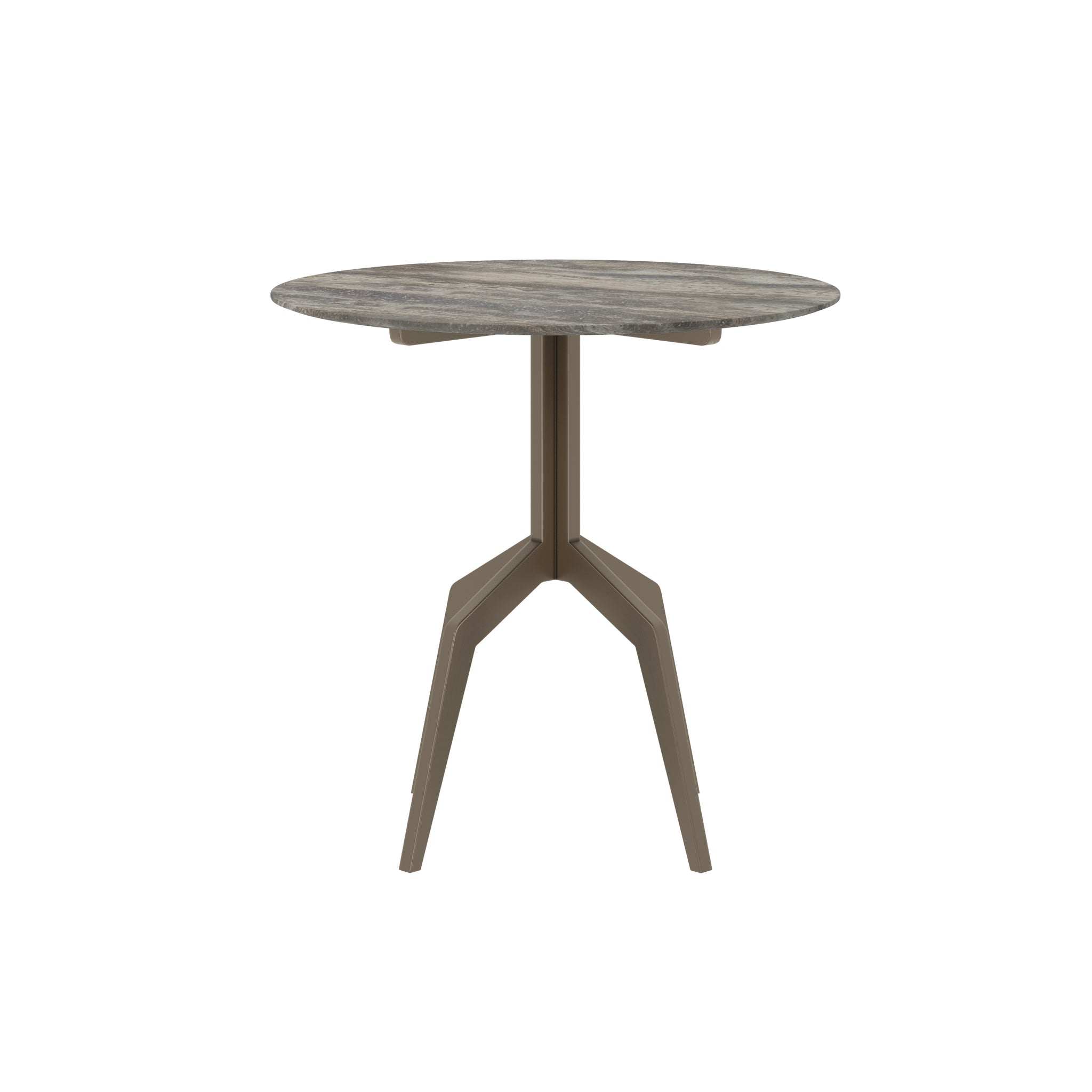 Ronde design eettafel van Versmissen met blad van travertijn en modern metalen frame