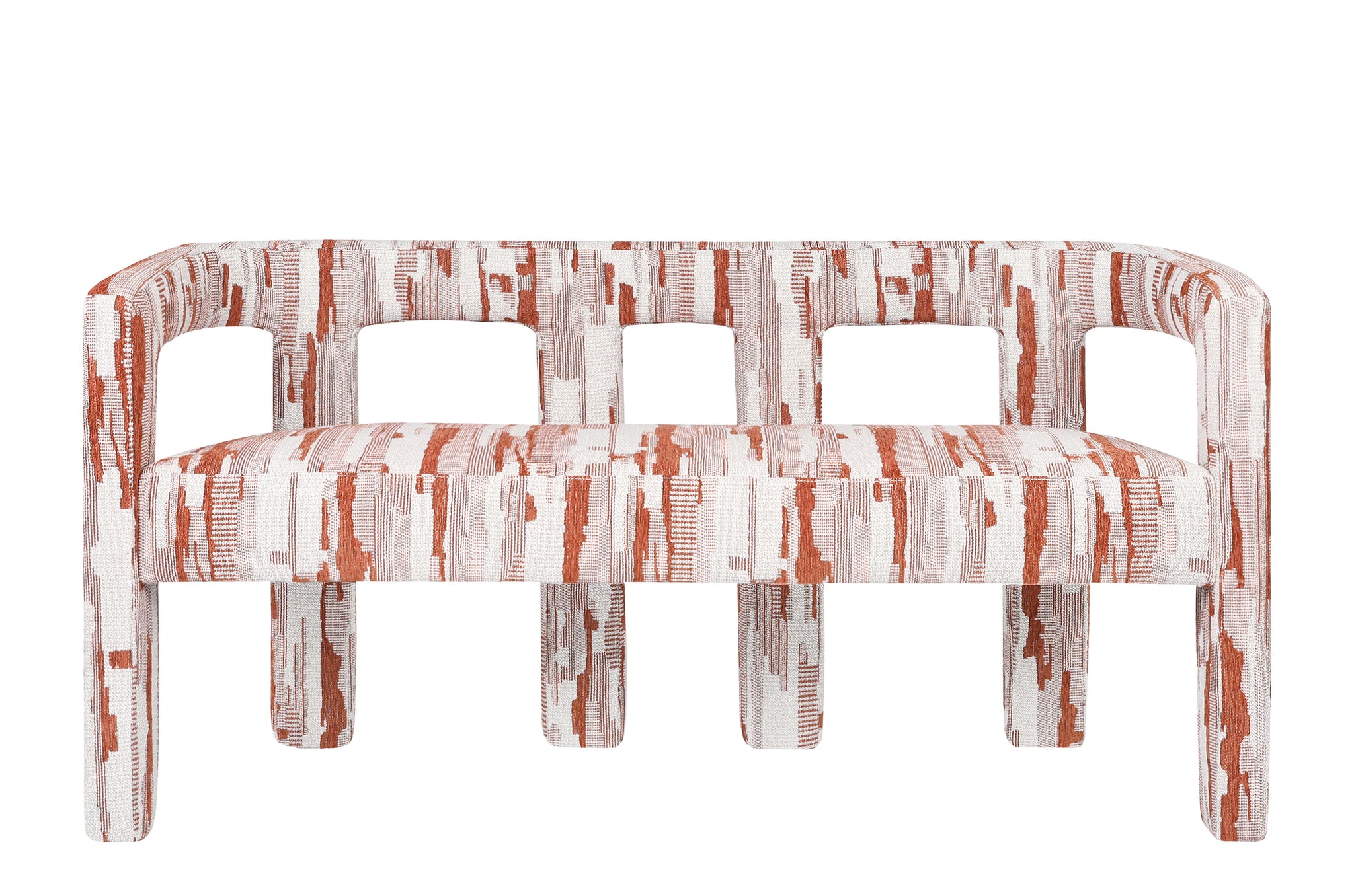 Eetkamerbank Madison in Scape Terra met levendig patroon en sculpturale vormen