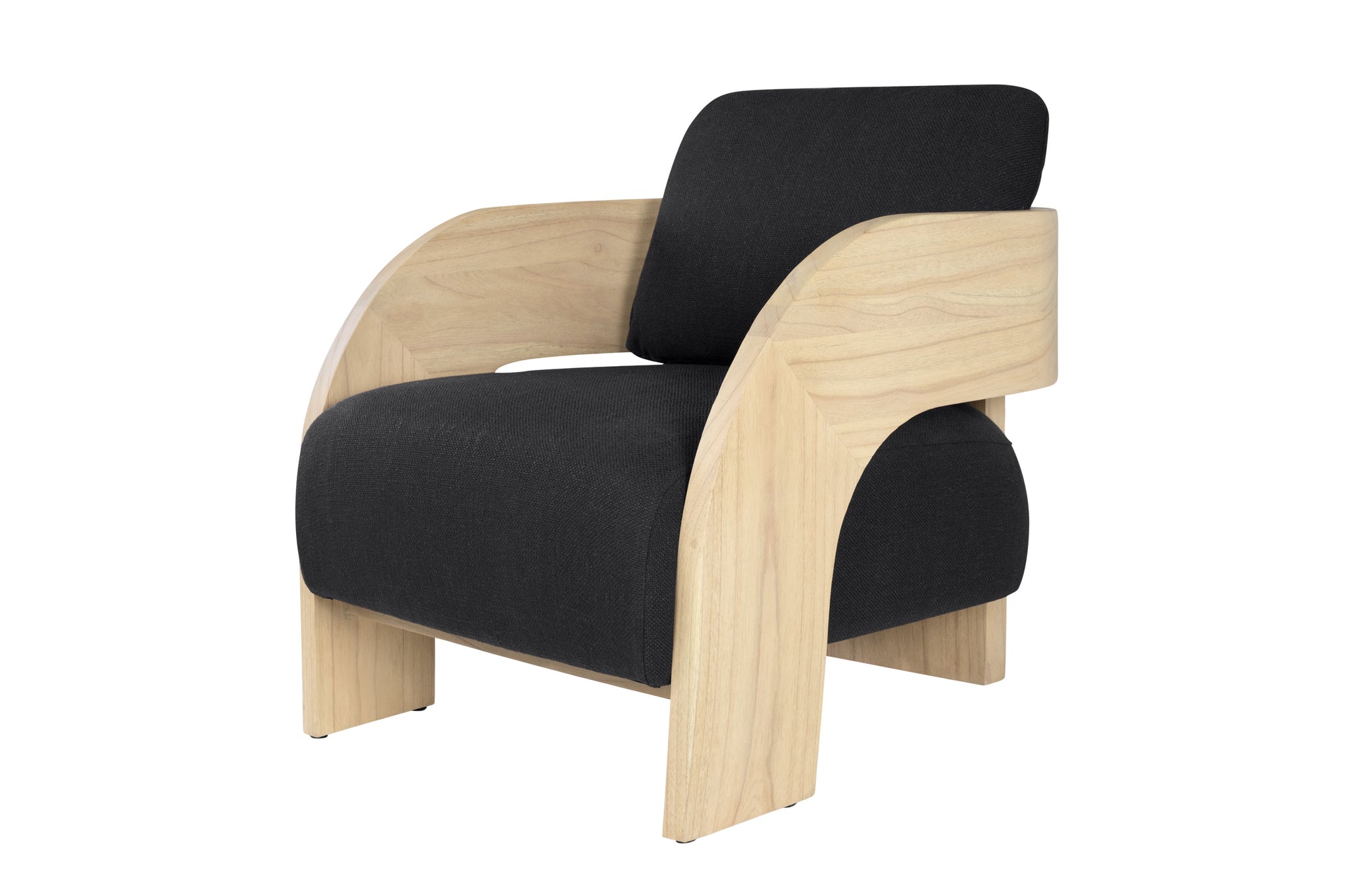 Design fauteuil in off black met naturel hout en zachte zitting