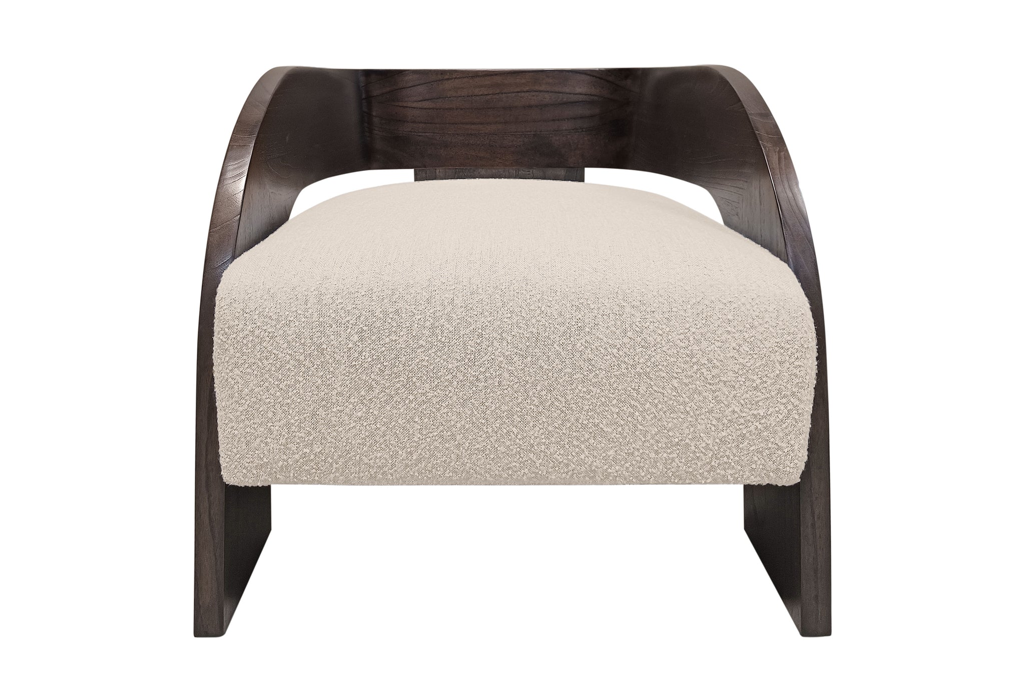 Design loungestoel met zachte sesamstof en sculpturale houten poten