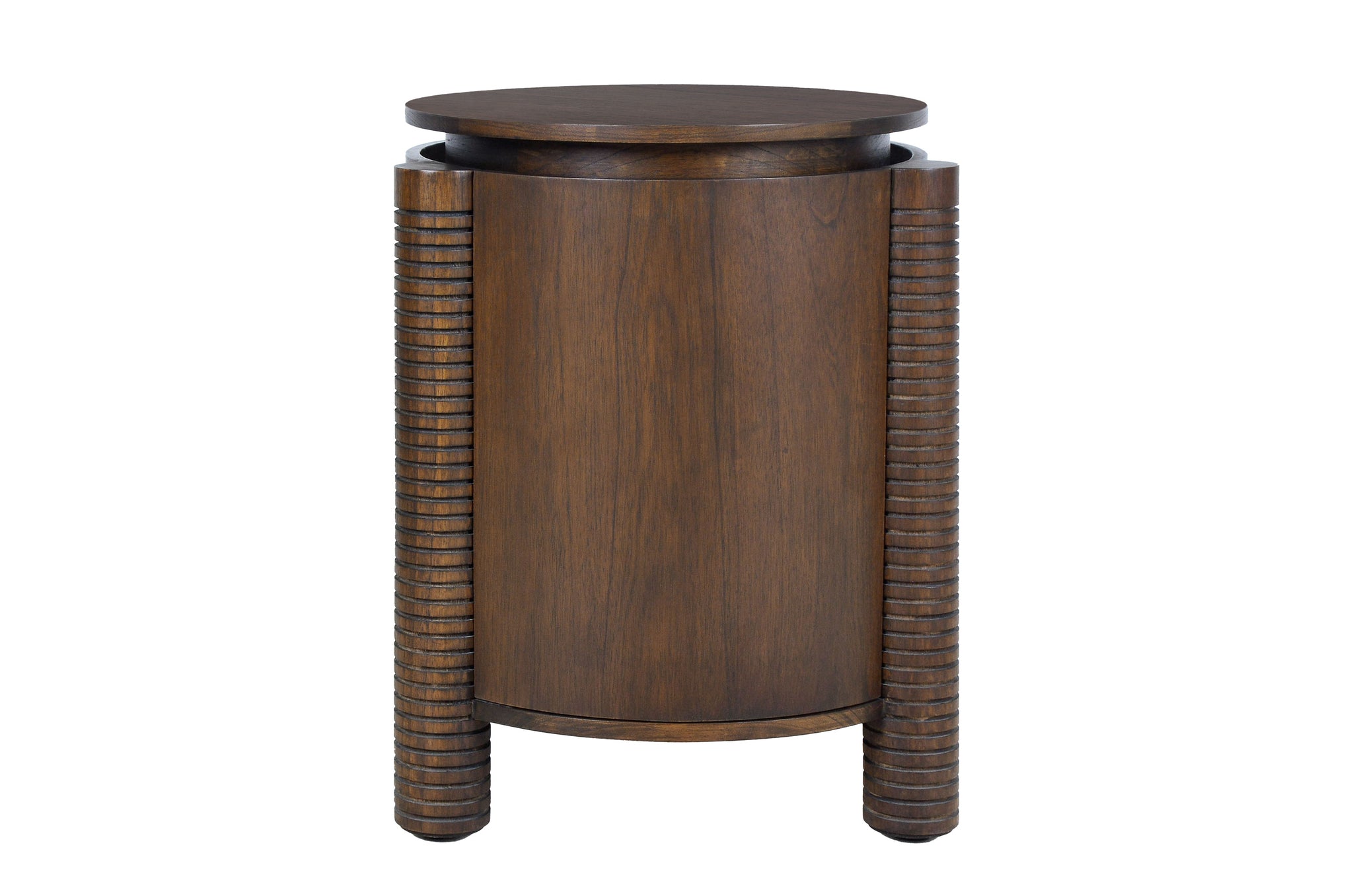 Ronde bijzettafel van mindihout met geribbelde poten