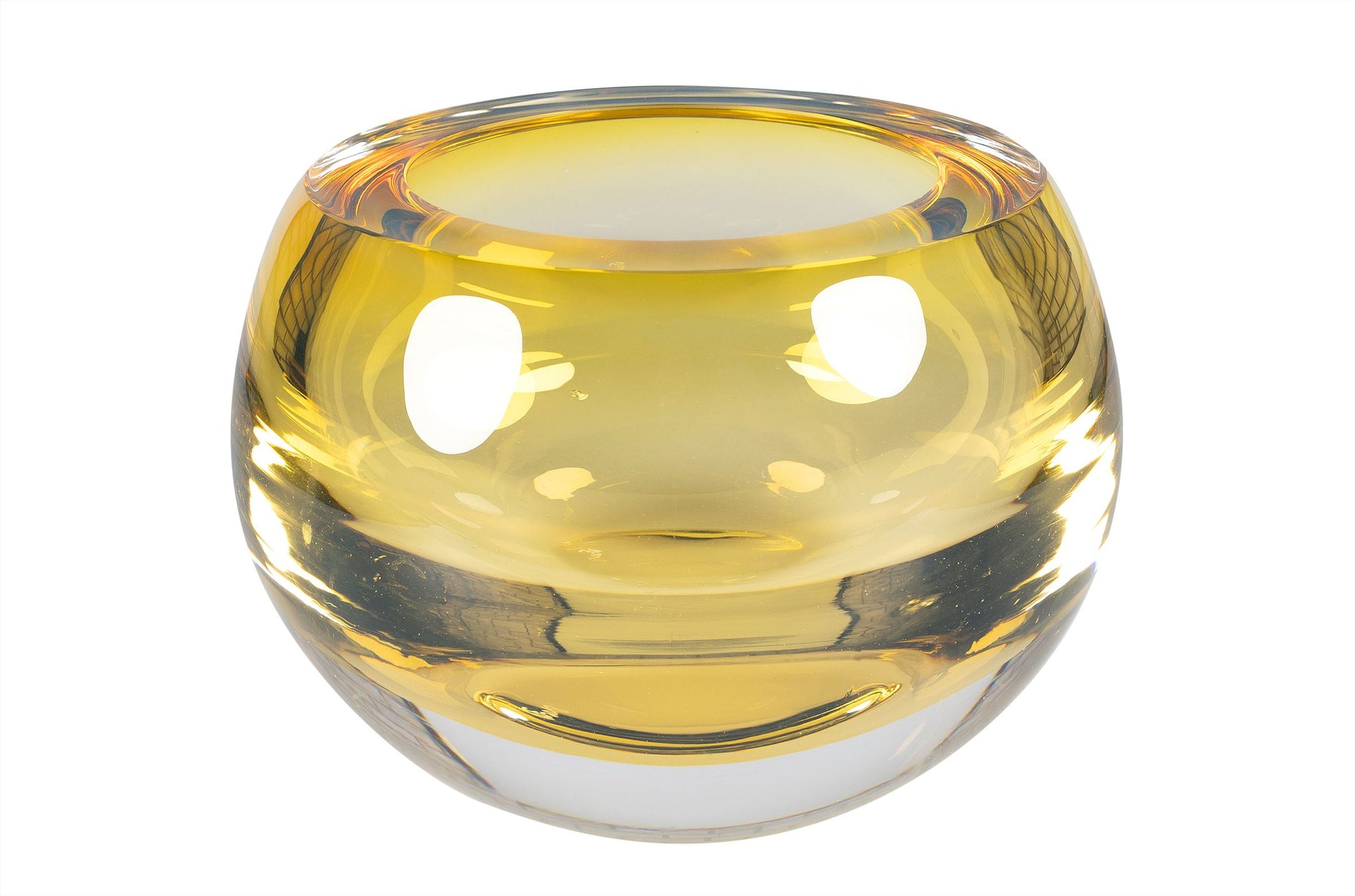 Handgemaakte amber glazen bowl van loodvrij Eco Crystal, met zachte ronde vorm en transparante accenten.
