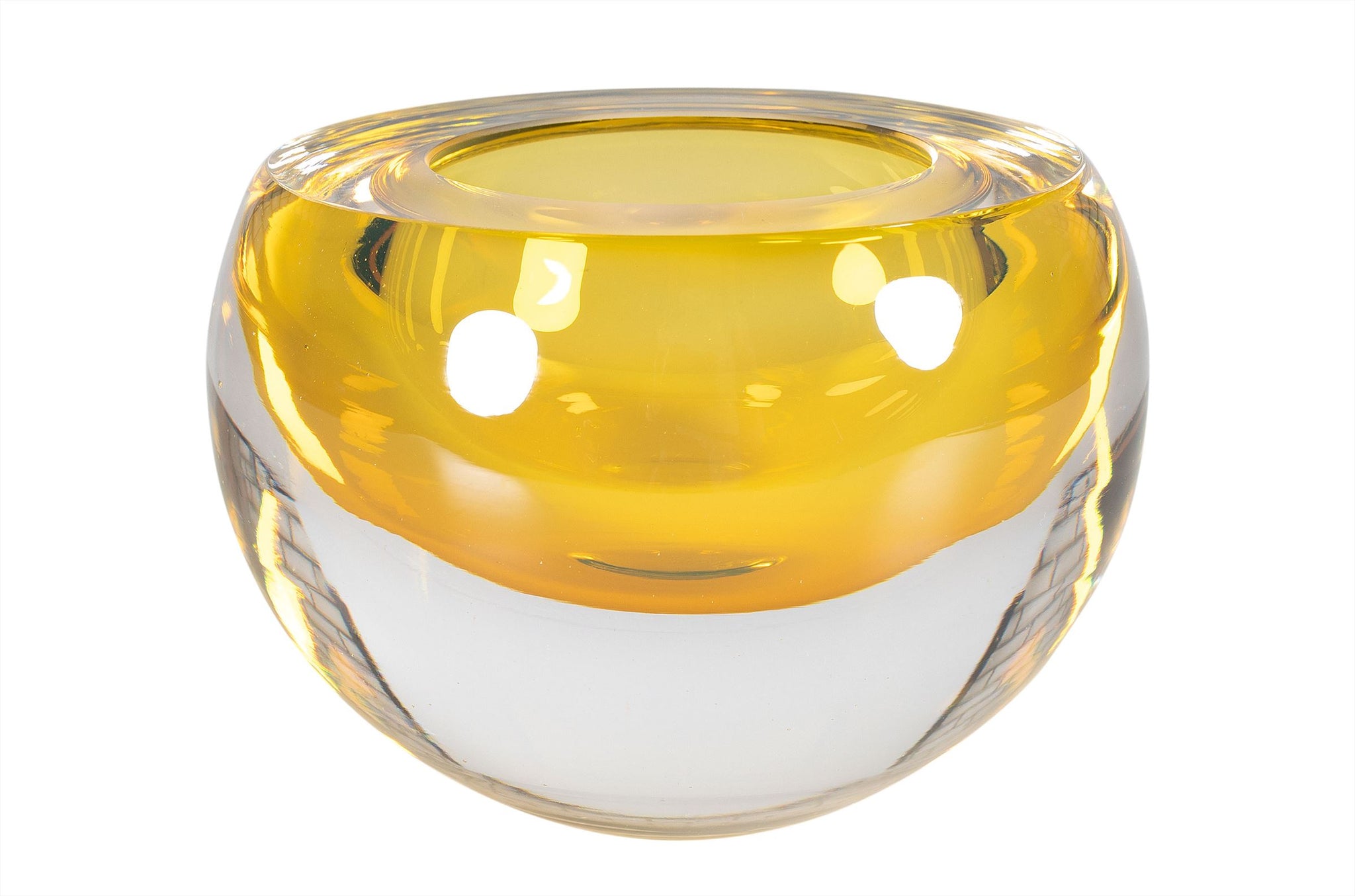 Handgemaakte amber glazen bowl van loodvrij Eco Crystal, met zachte ronde vorm en transparante accenten.