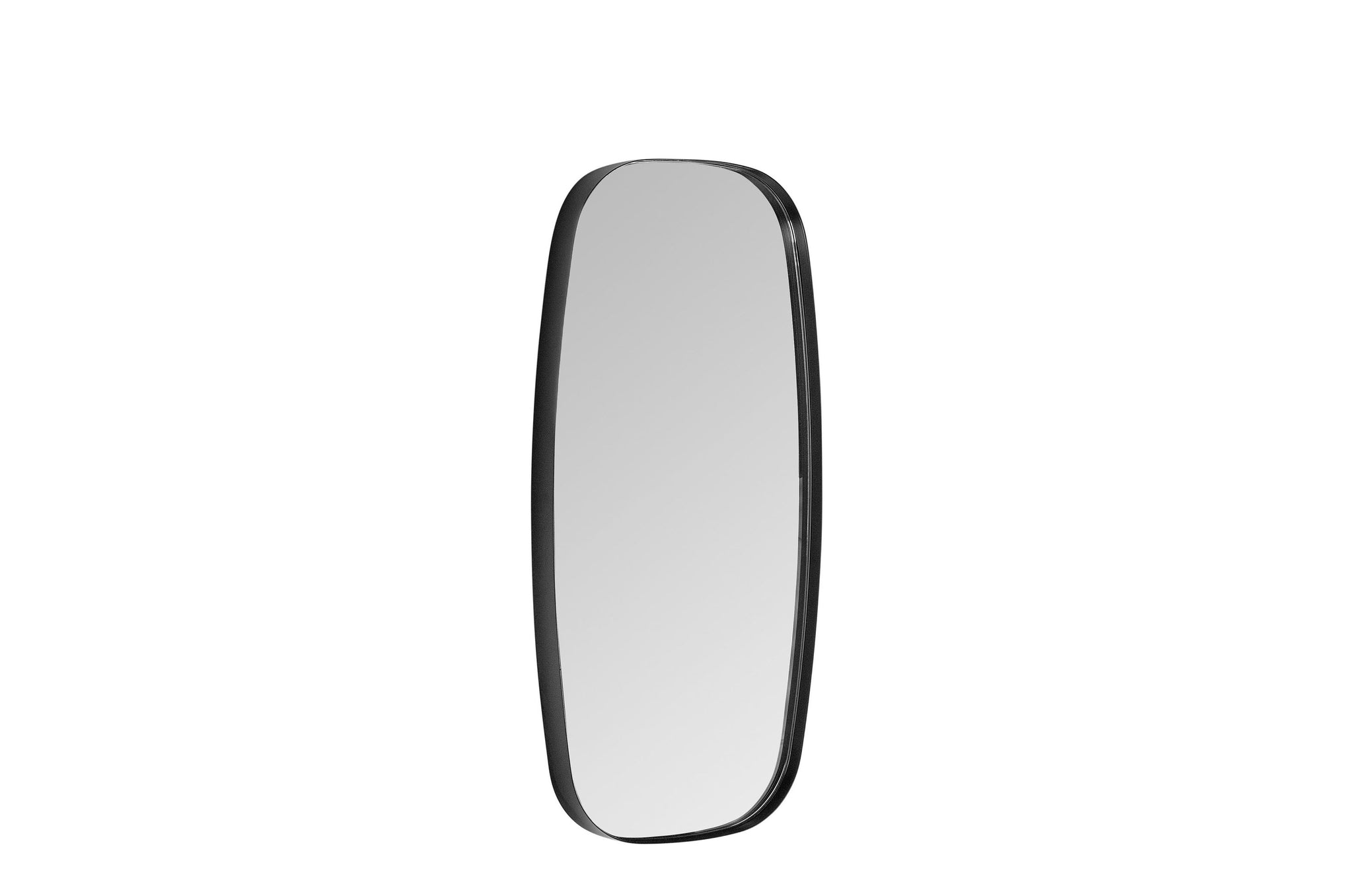 Ronde rechthoekige spiegel met zwart afgewerkt messing frame.