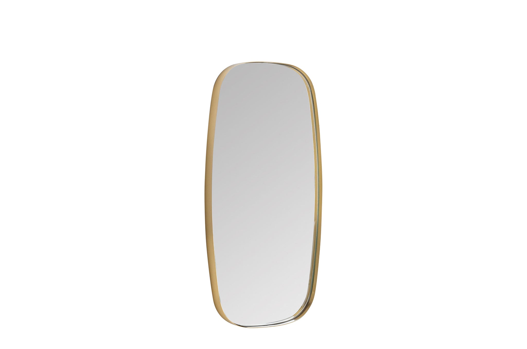 Moderne spiegel met afgeronde lijnen en brushed gold messing frame.
