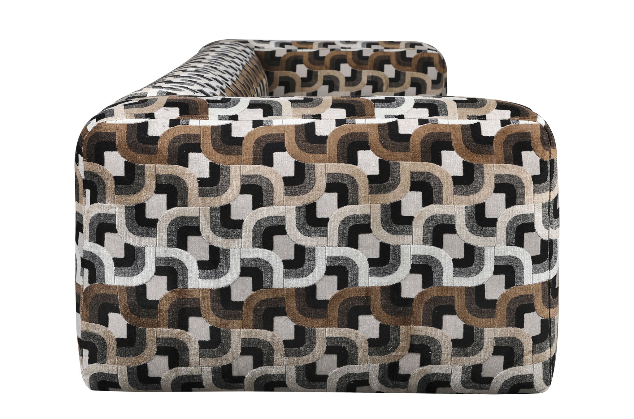 Luxe 3-zits bank met grafische stof en zachte, afgeronde belijning – model Olivier