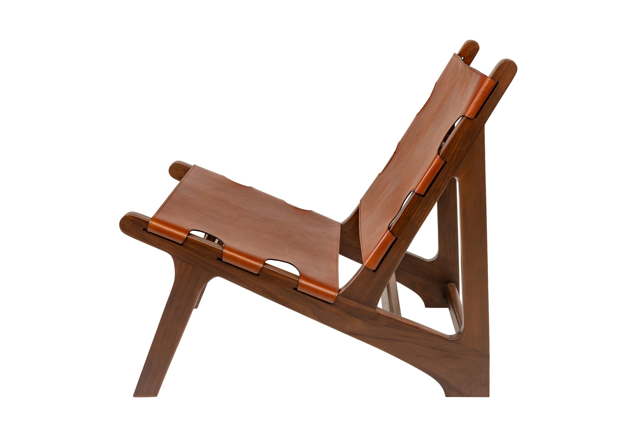 Ambachtelijke fauteuil met gespannen leren zit en Dark Walnut afwerking