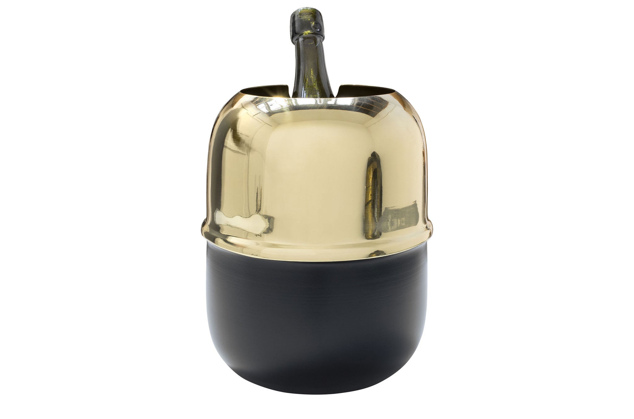 Polished Brass wijnkoeler met zwarte bodem, elegant en tijdloos designstuk.