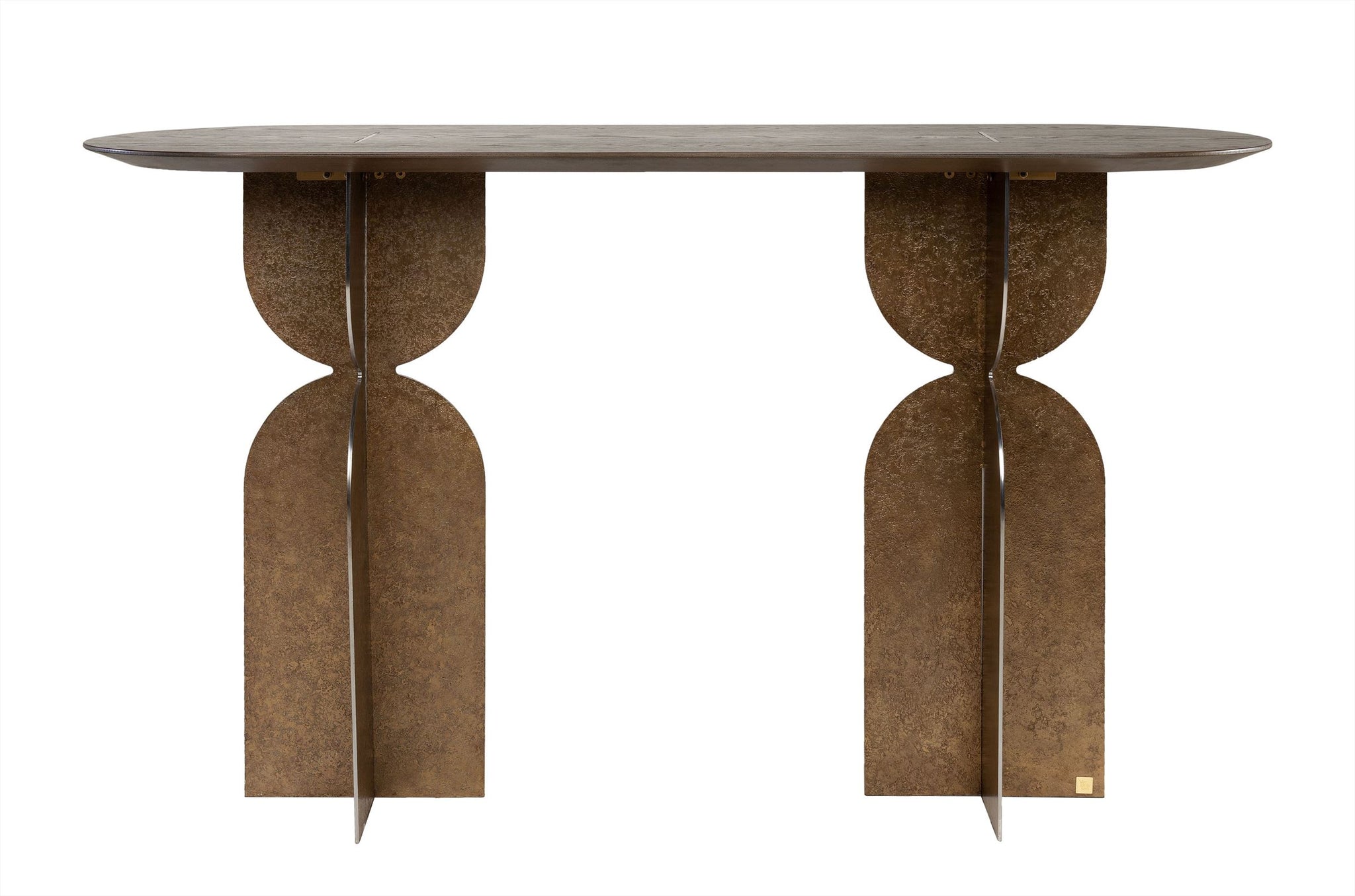 Consoletafel Ray van Versmissen met bronzen onderstel en donker eiken blad – sculpturaal design
