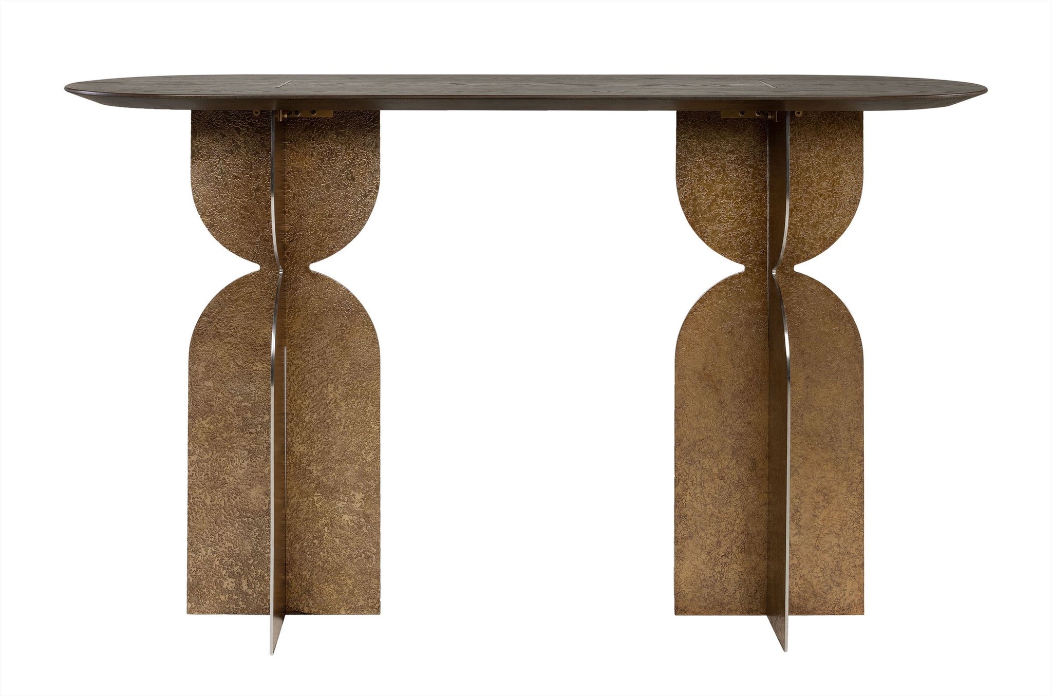 Ray consoletafel in Bronze & Roasted Coffee met artistiek onderstel en ovale top