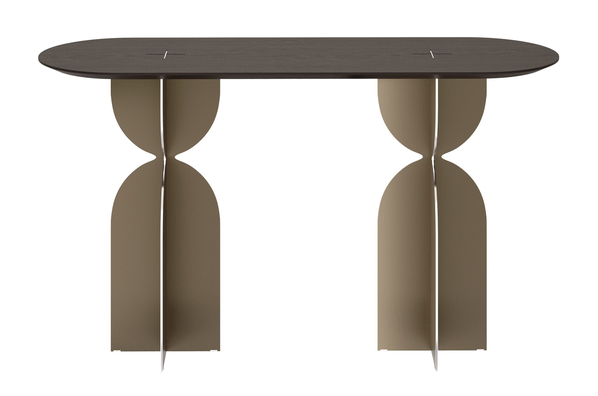 Consoletafel Ray V2 van Versmissen met donker eiken blad en geborsteld bronzen onderstel