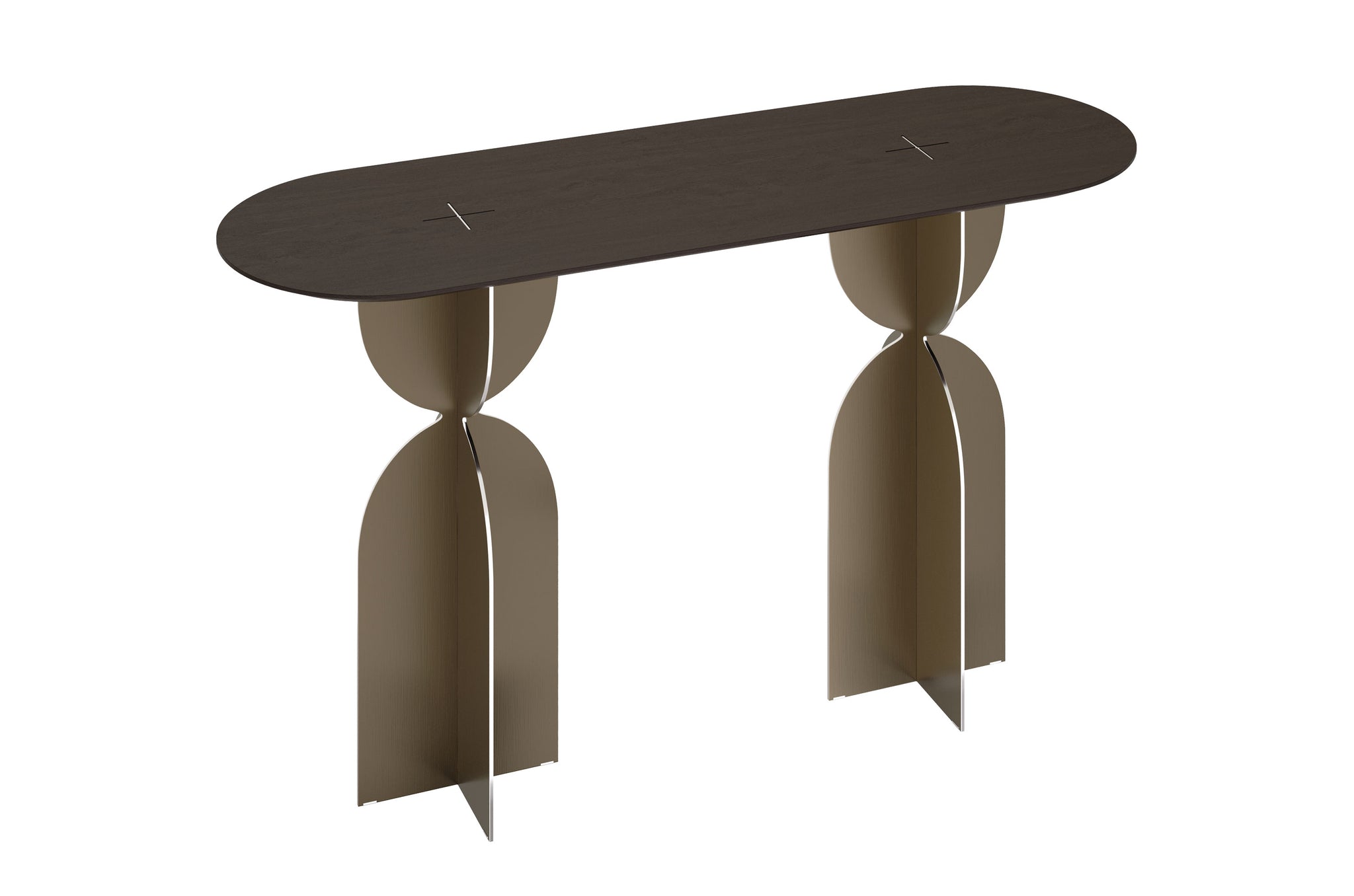 Ray V2 consoletafel van Versmissen, moderne tafel met eikenfineer blad en stalen poten