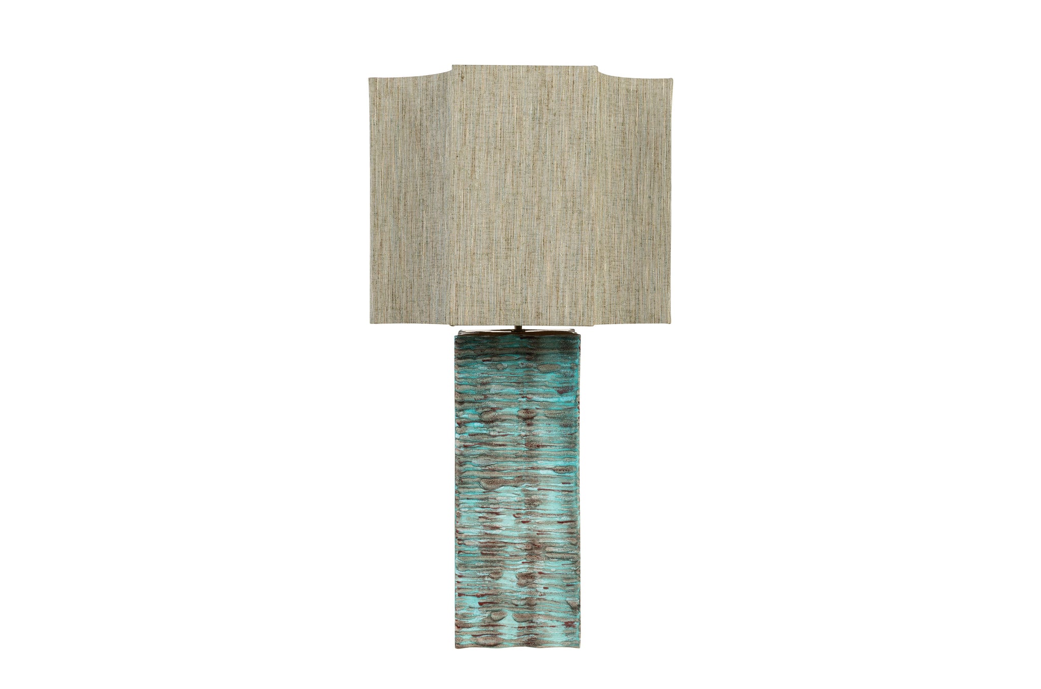 Tafellamp Ripple van Versmissen met aardewerken voet in turquoise en bruin en linnenkleurige kap