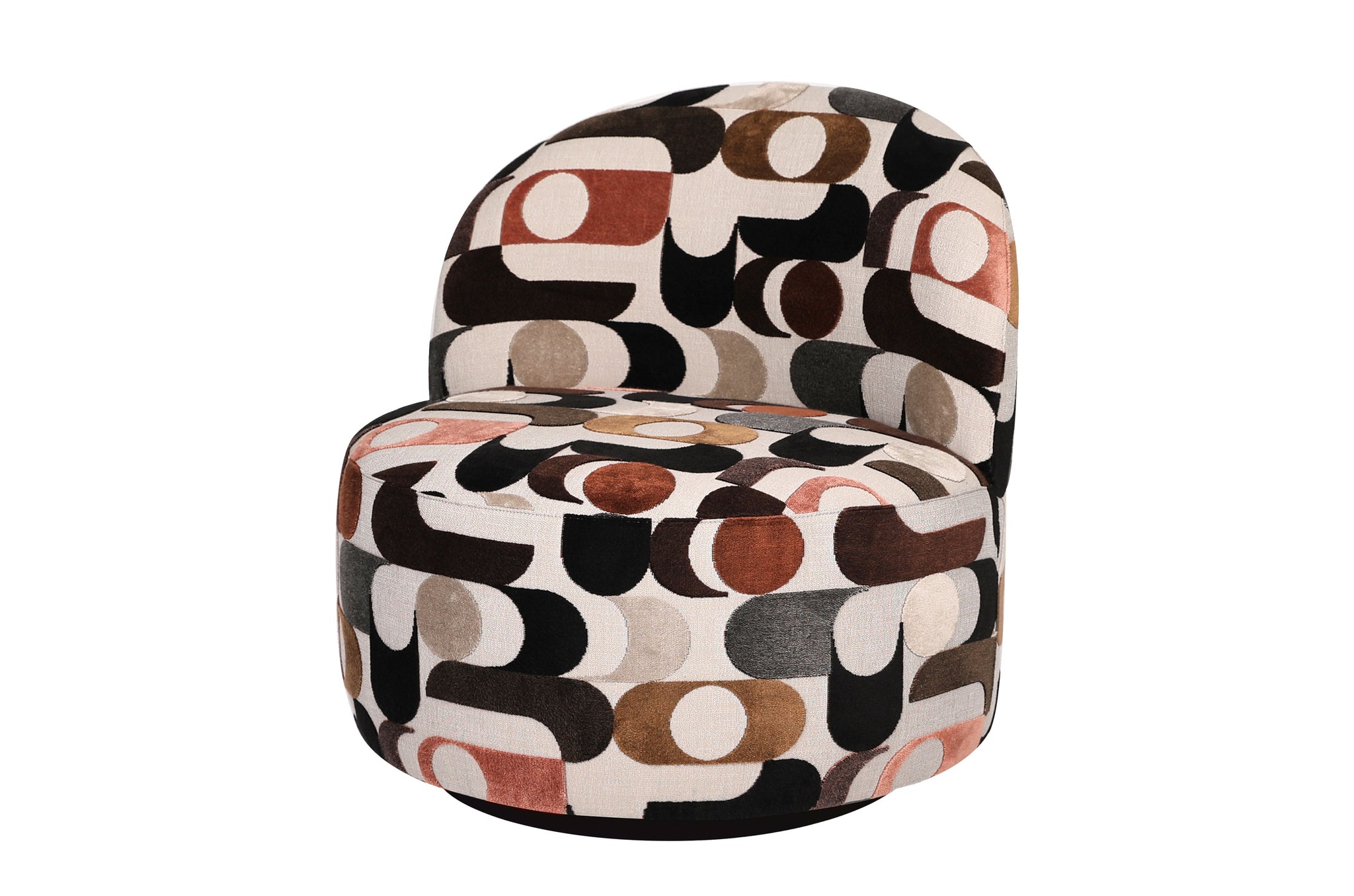 Designstoel met ronde vormen en bont geometrisch motief in Ays-bekleding