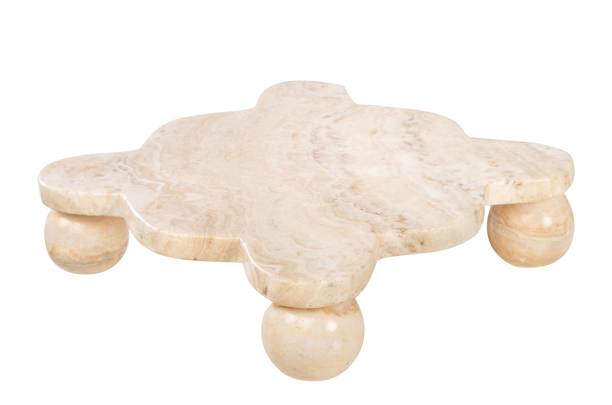 Stijlvol onyx displayplateau met zachte, neutrale kleuring.