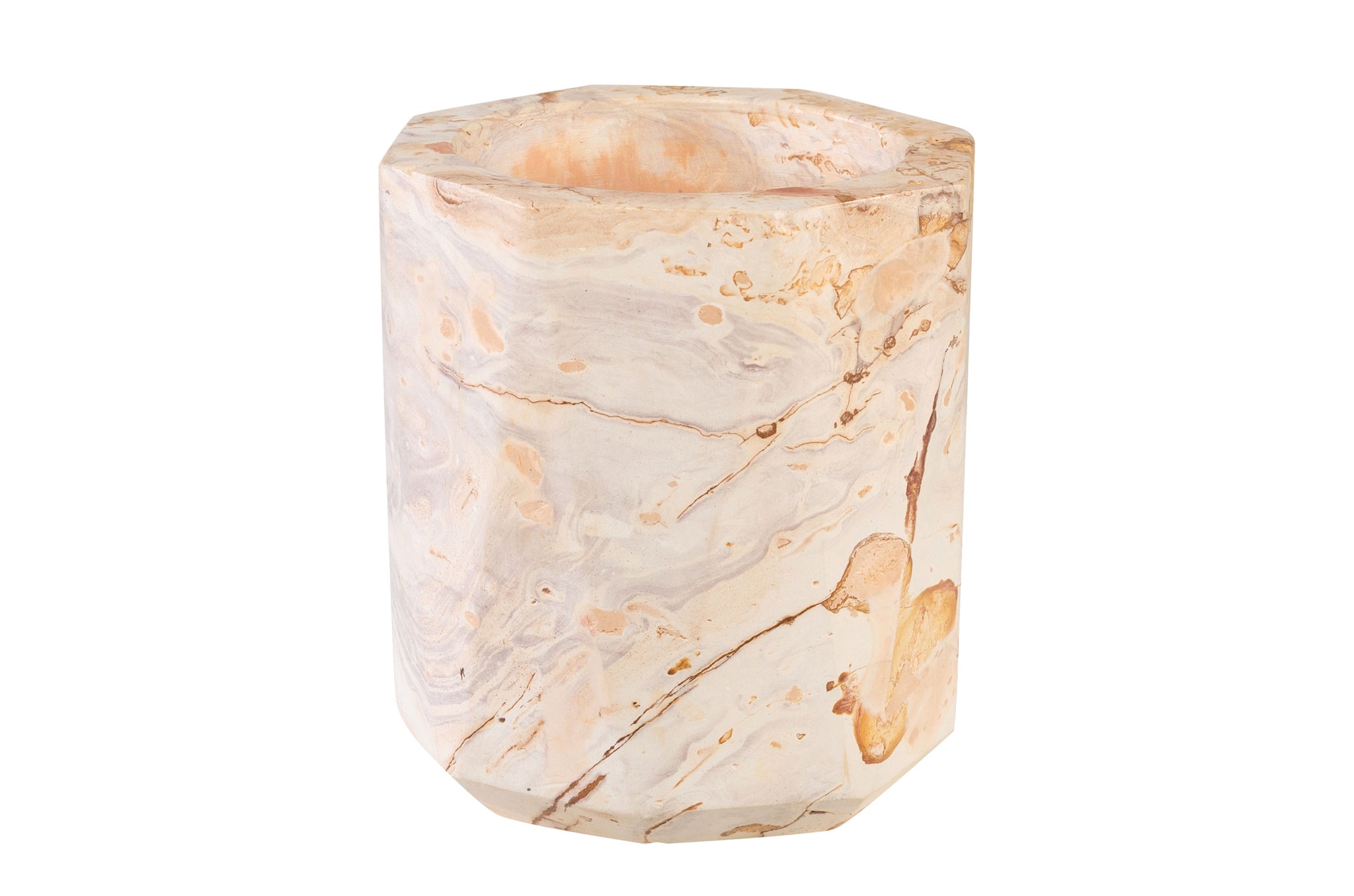 Matte zandstenen vaas of wijnkoeler in gemêleerde beige- en terracottatinten met natuurlijke steenstructuur.