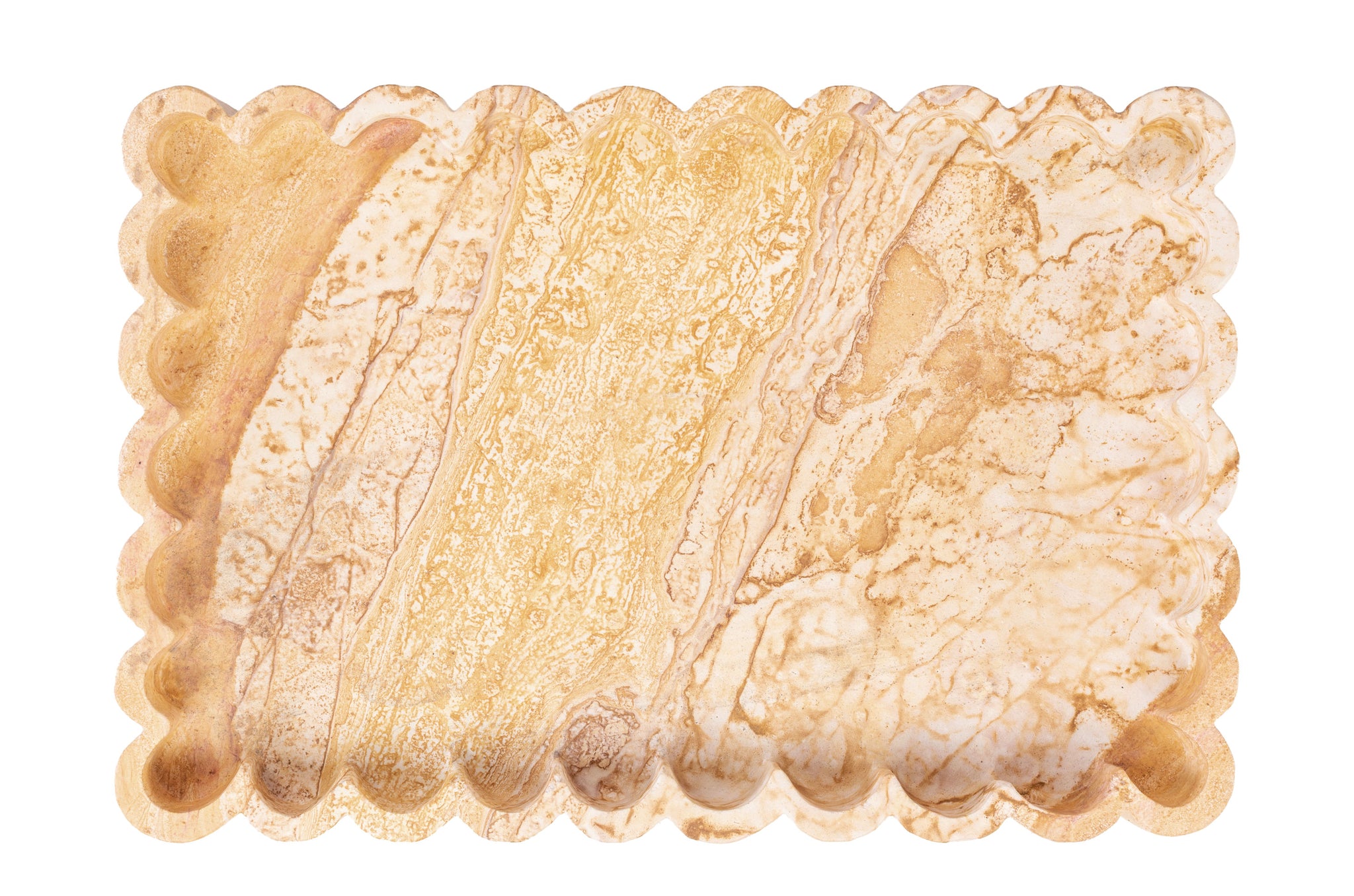 Rechthoekig plateau van sandstone in warme zandtinten met organische bloemrand.