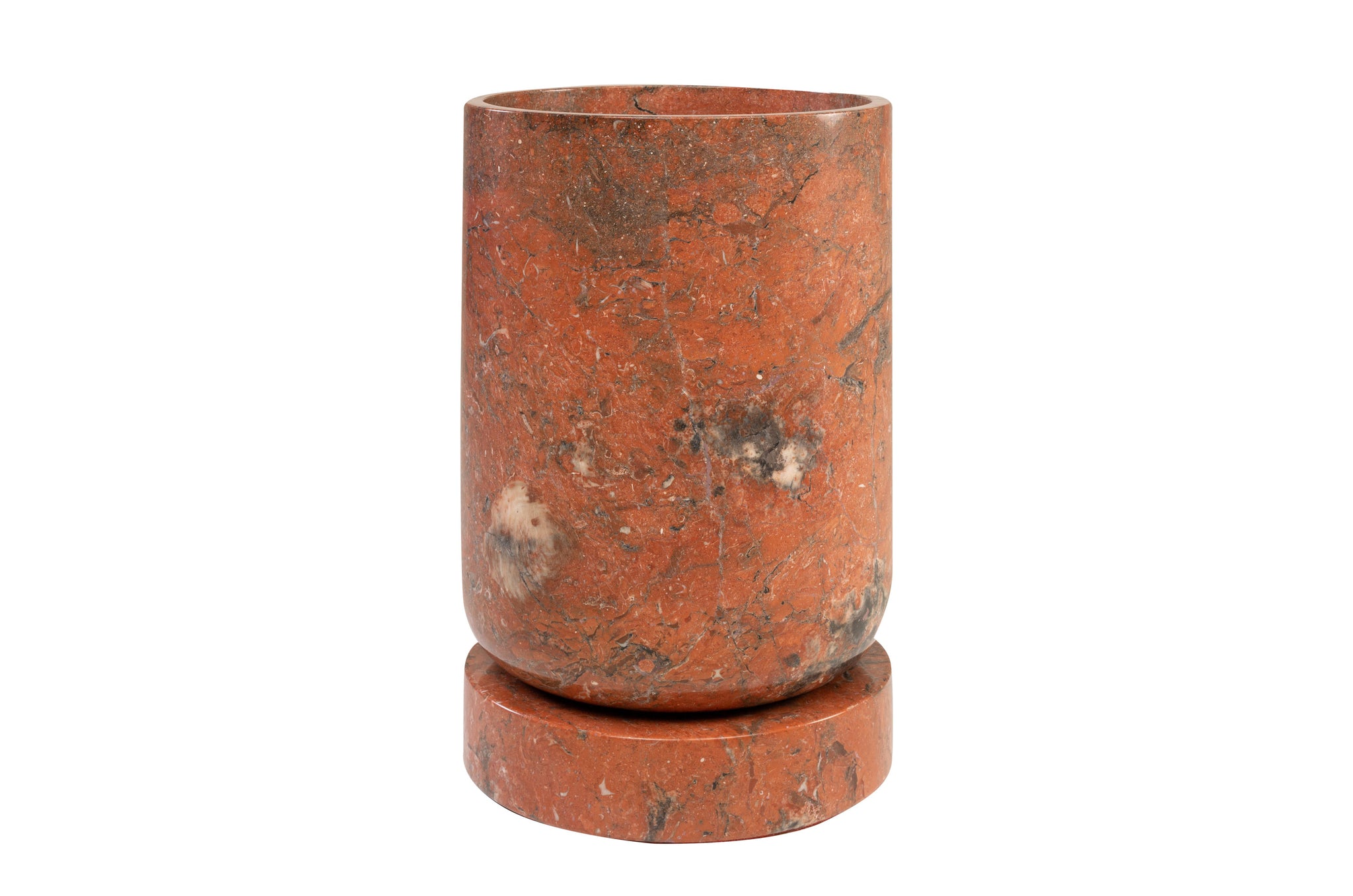 Plantenbak Caliza van Java Rosso marmer met natuurlijke aders en satijnen afwerking.