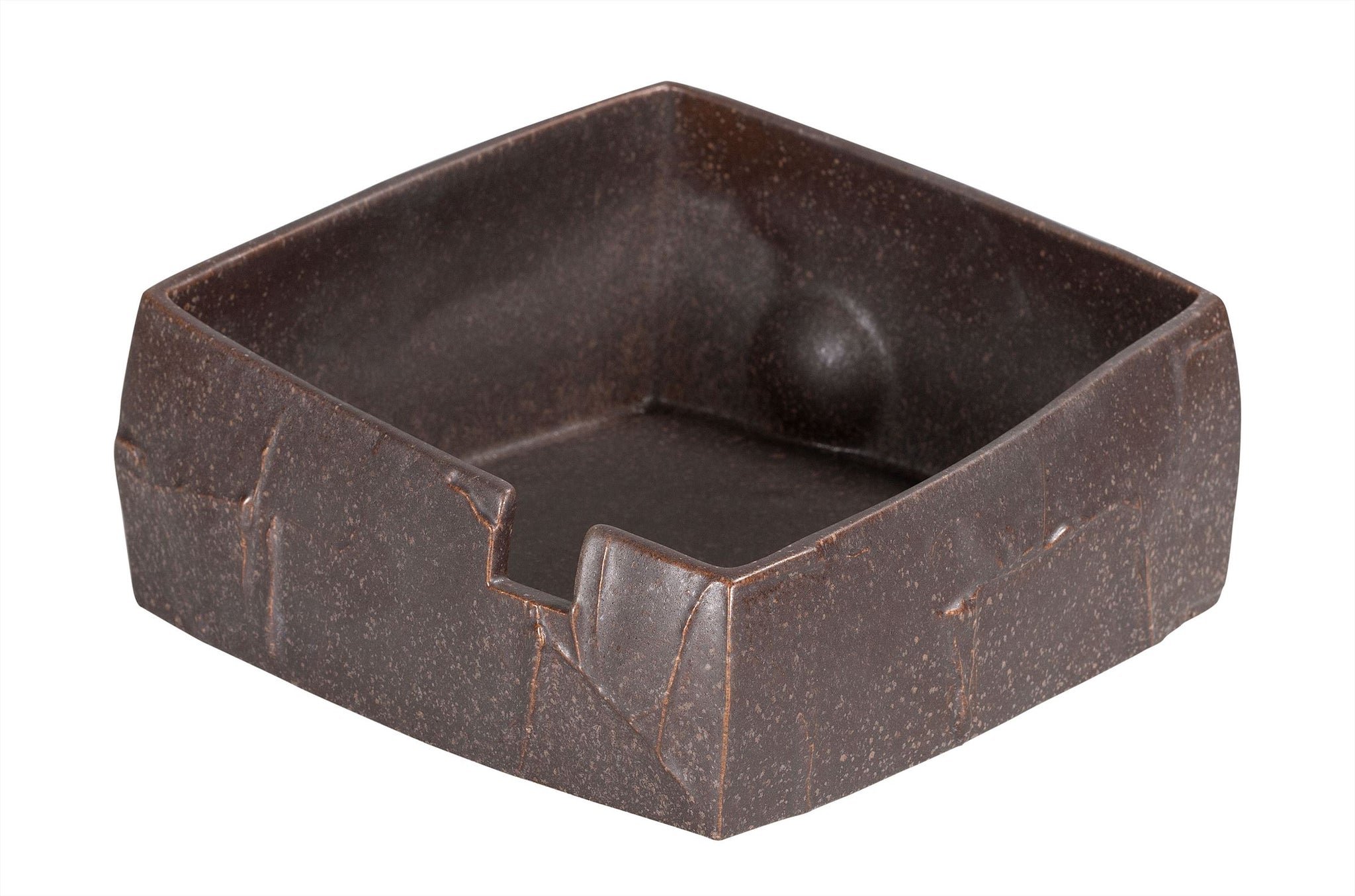 Vierkante schaal met organische breuklijnen en bruin glazuur