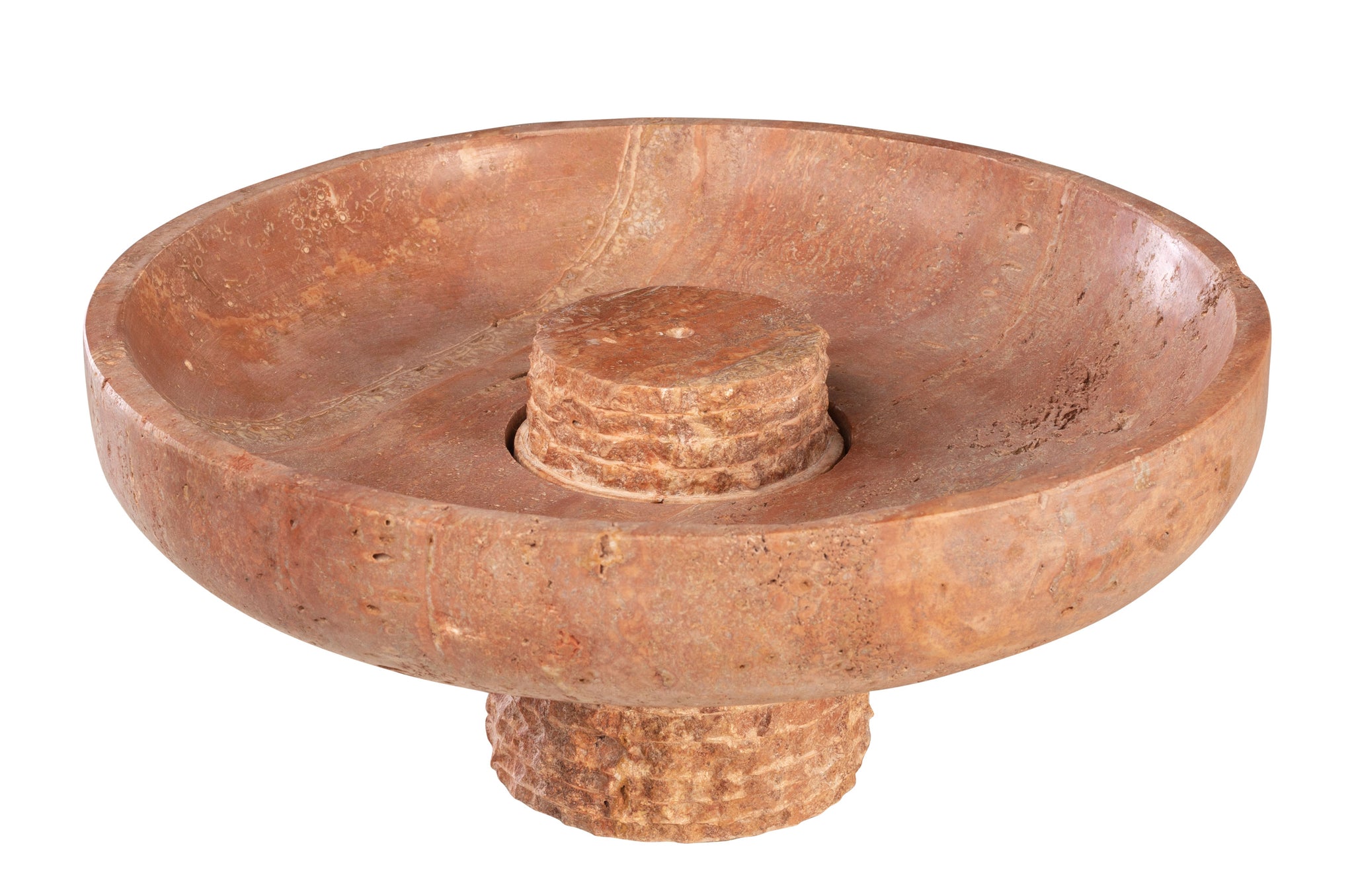 Designschaal van rood travertijn met natuurlijke kleurnuances en structuren.